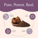 Flacon Real Mushrooms Chaga sur plan de travail, parfait pour mélange smoothie.