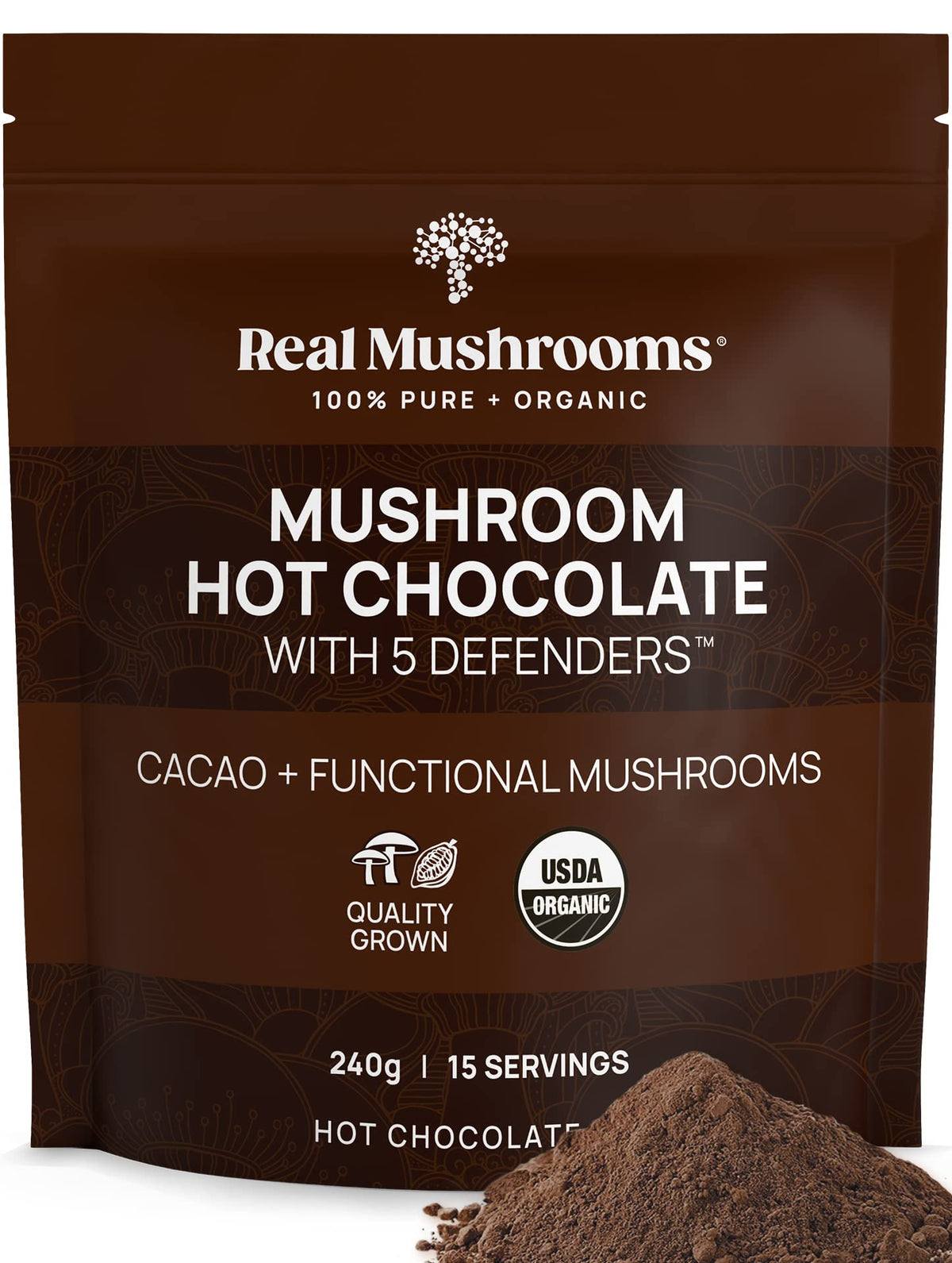Real Mushrooms poudre chocolat chaud 5 défenseurs, boisson réconfortante et riche.