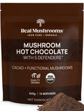 Real Mushrooms poudre chocolat chaud 5 défenseurs, boisson réconfortante et riche.