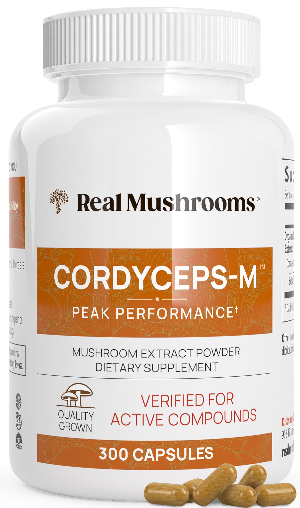Real Mushrooms Cordyceps: emballage clair, gélules faciles à emporter pour énergie durable