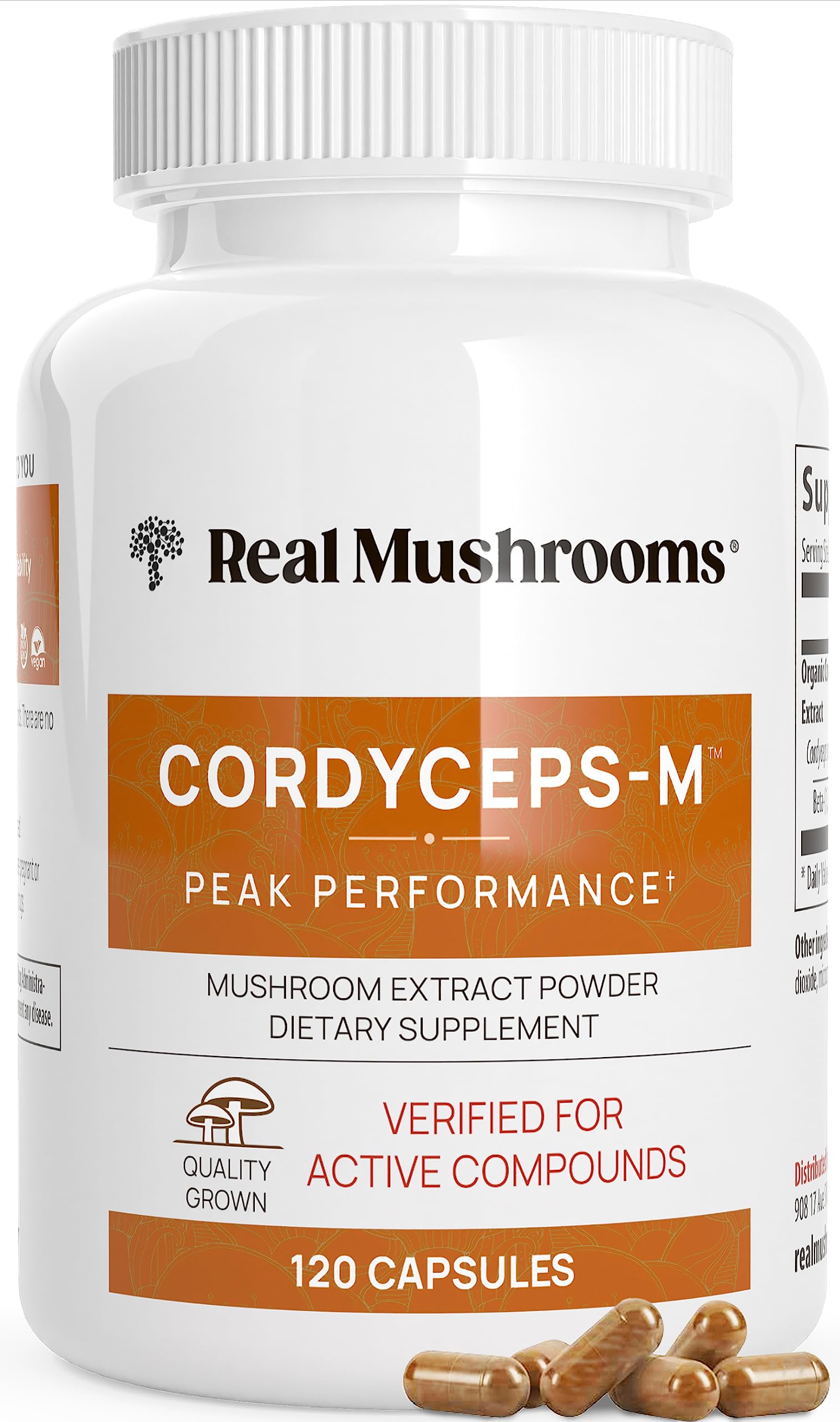 Real Mushrooms Cordyceps Militaris capsules, consommation simple et énergie potentielle.