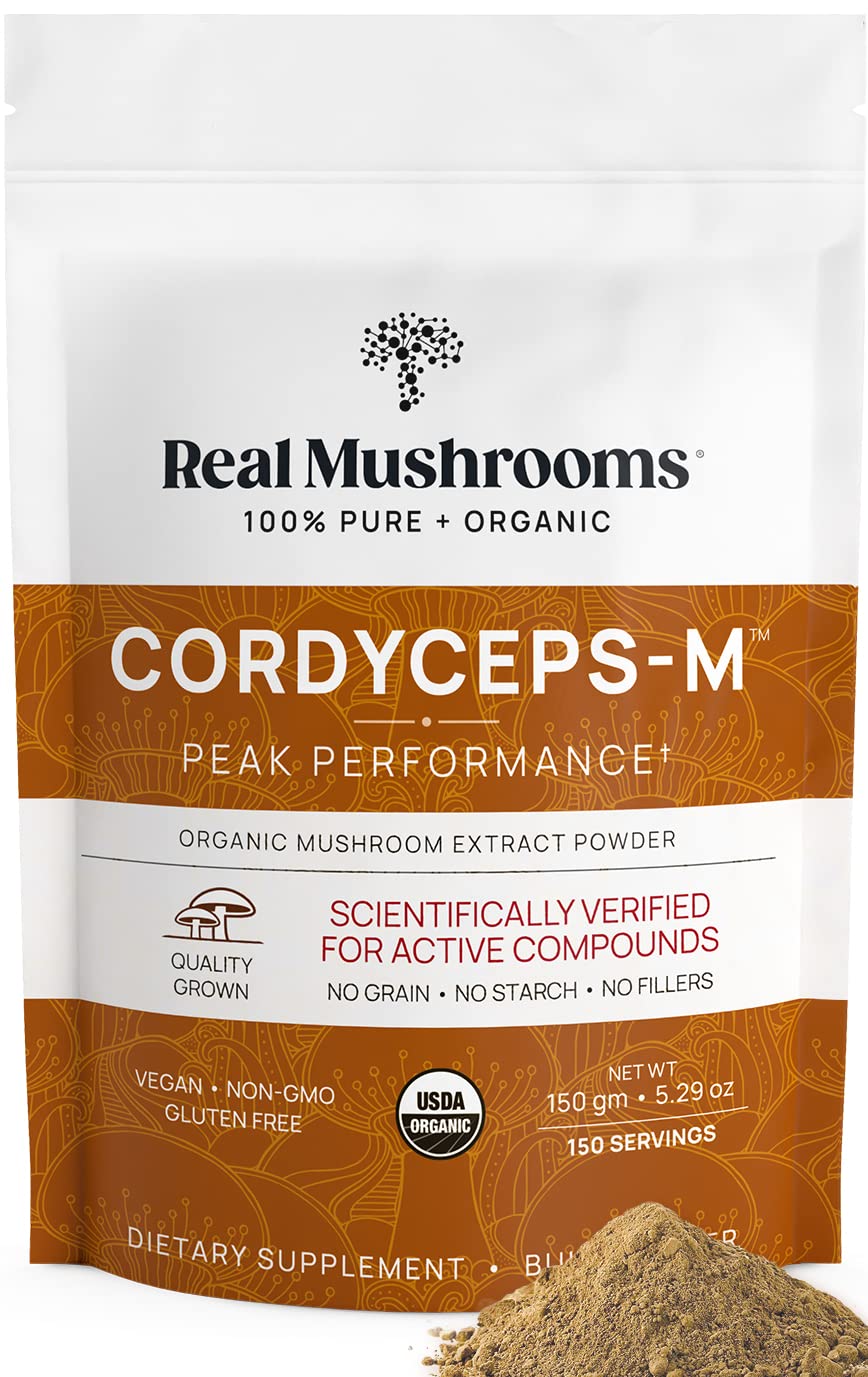 Real Mushrooms Cordyceps poudre: focus sur le corps fructifiant et pureté élevée pour une utilisation quotidienne