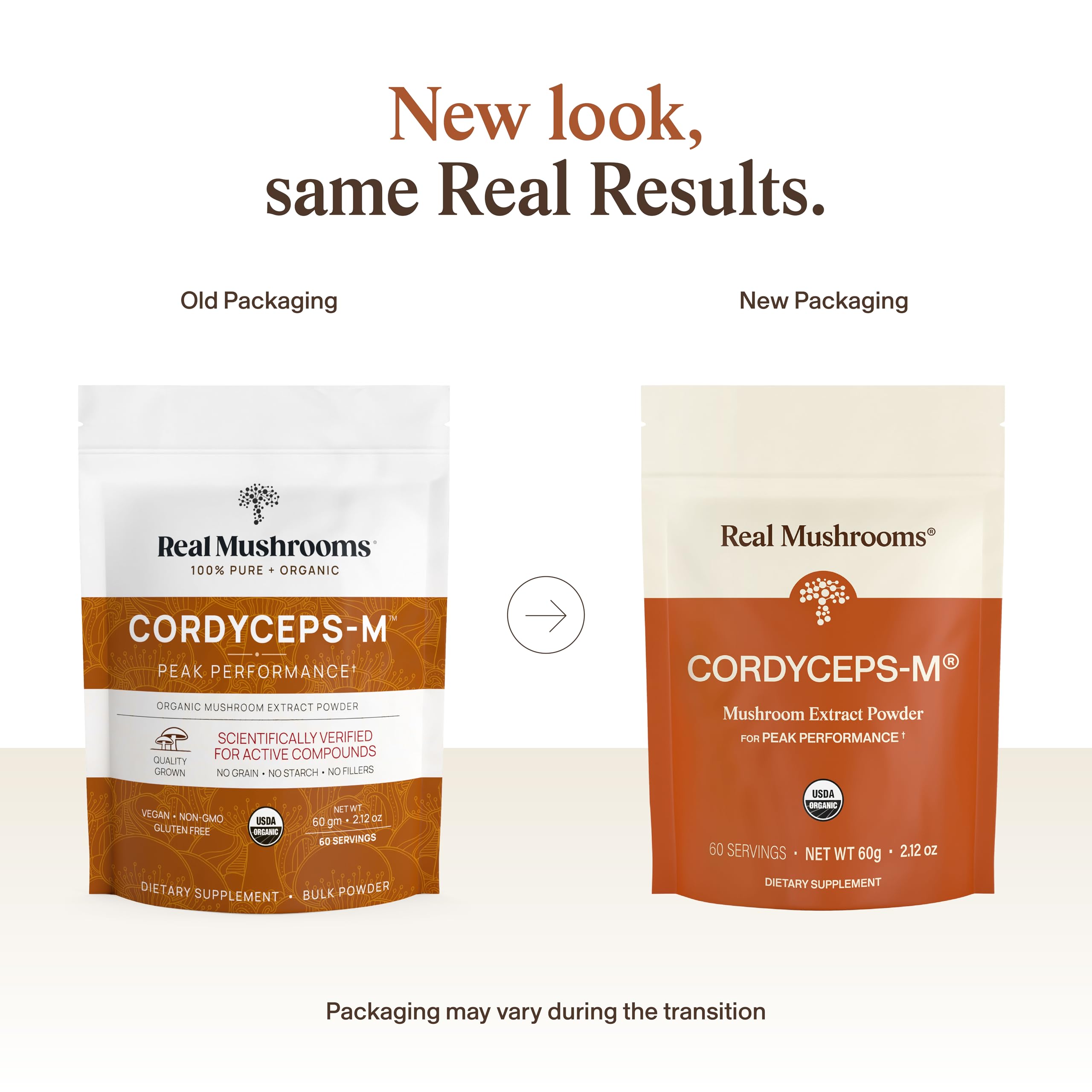 Real Mushrooms Cordyceps poudre doseur montrant la cuillère et la poudre fine.