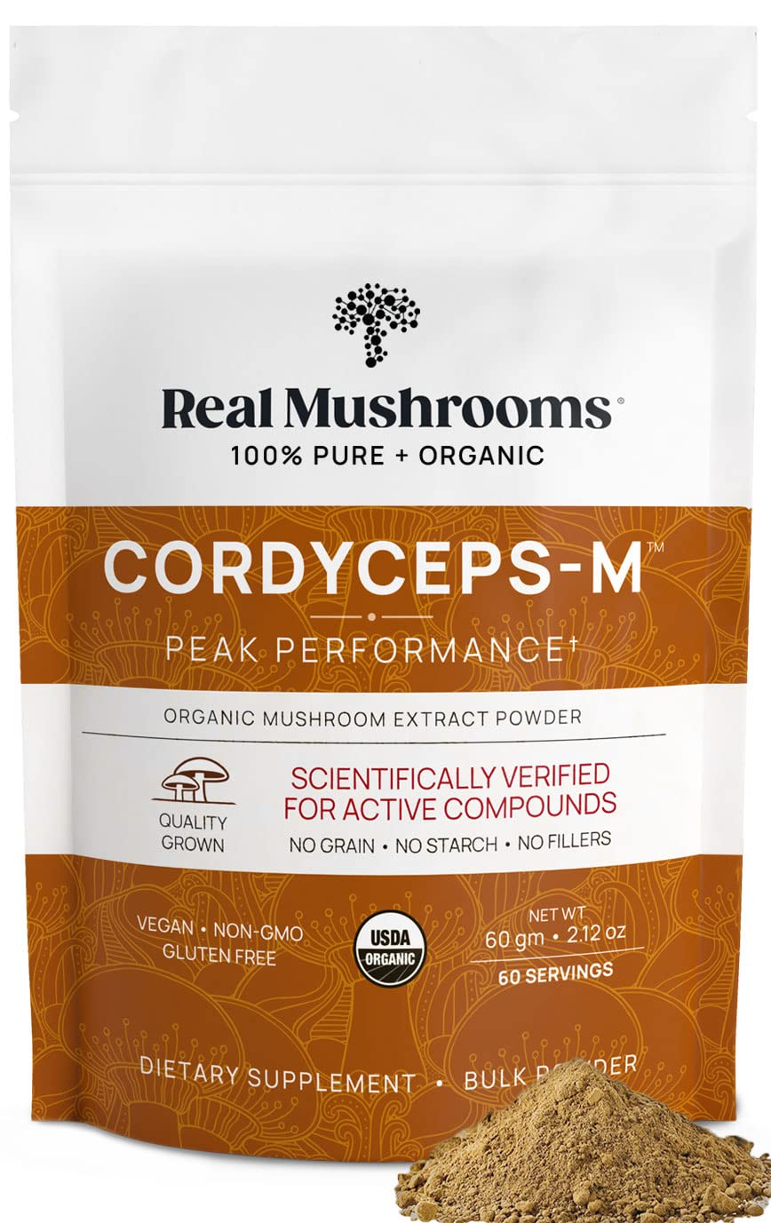 Real Mushrooms Cordyceps poudre emballage montrant le flacon et l'étiquette, pur et sans additifs.