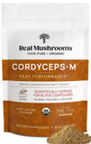 Real Mushrooms Cordyceps poudre emballage montrant le flacon et l'étiquette, pur et sans additifs.