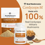 Real Mushrooms Cordyceps poudre thé, prête à infuser dans une tasse chaude.