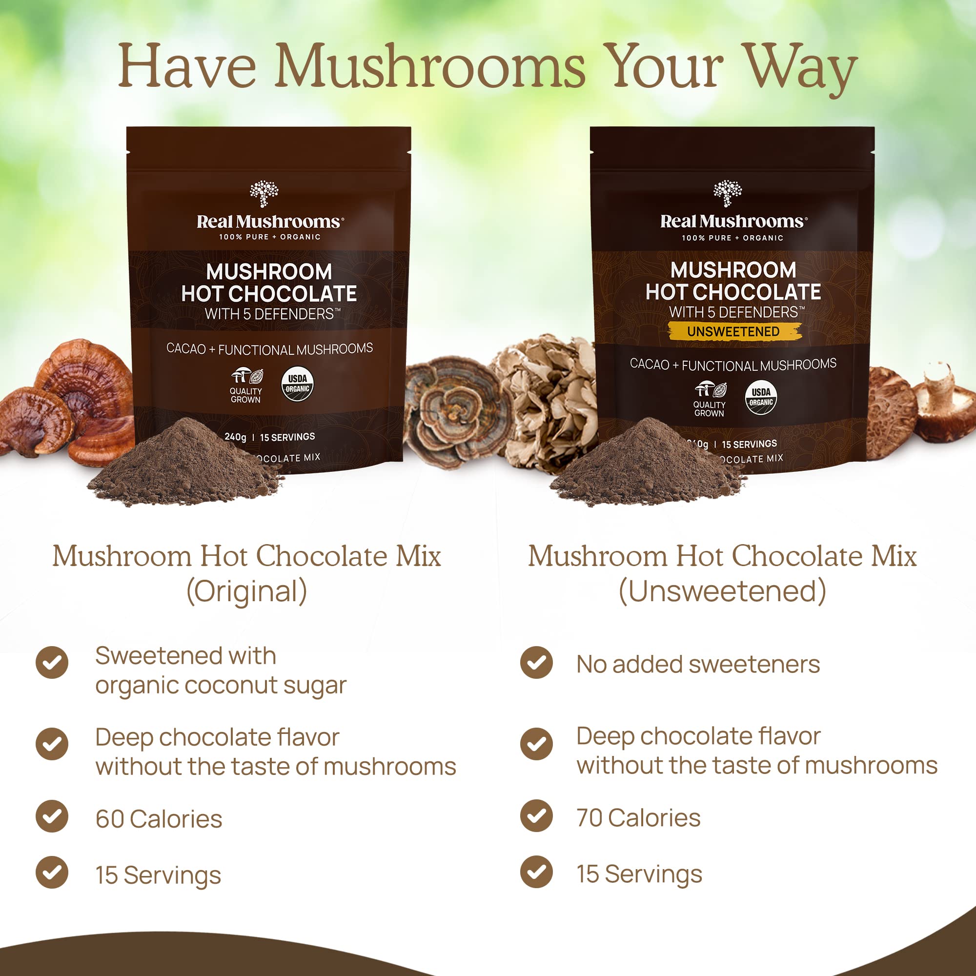 Real Mushrooms emballage sans gluten et sans OGM pour plus de clarté.