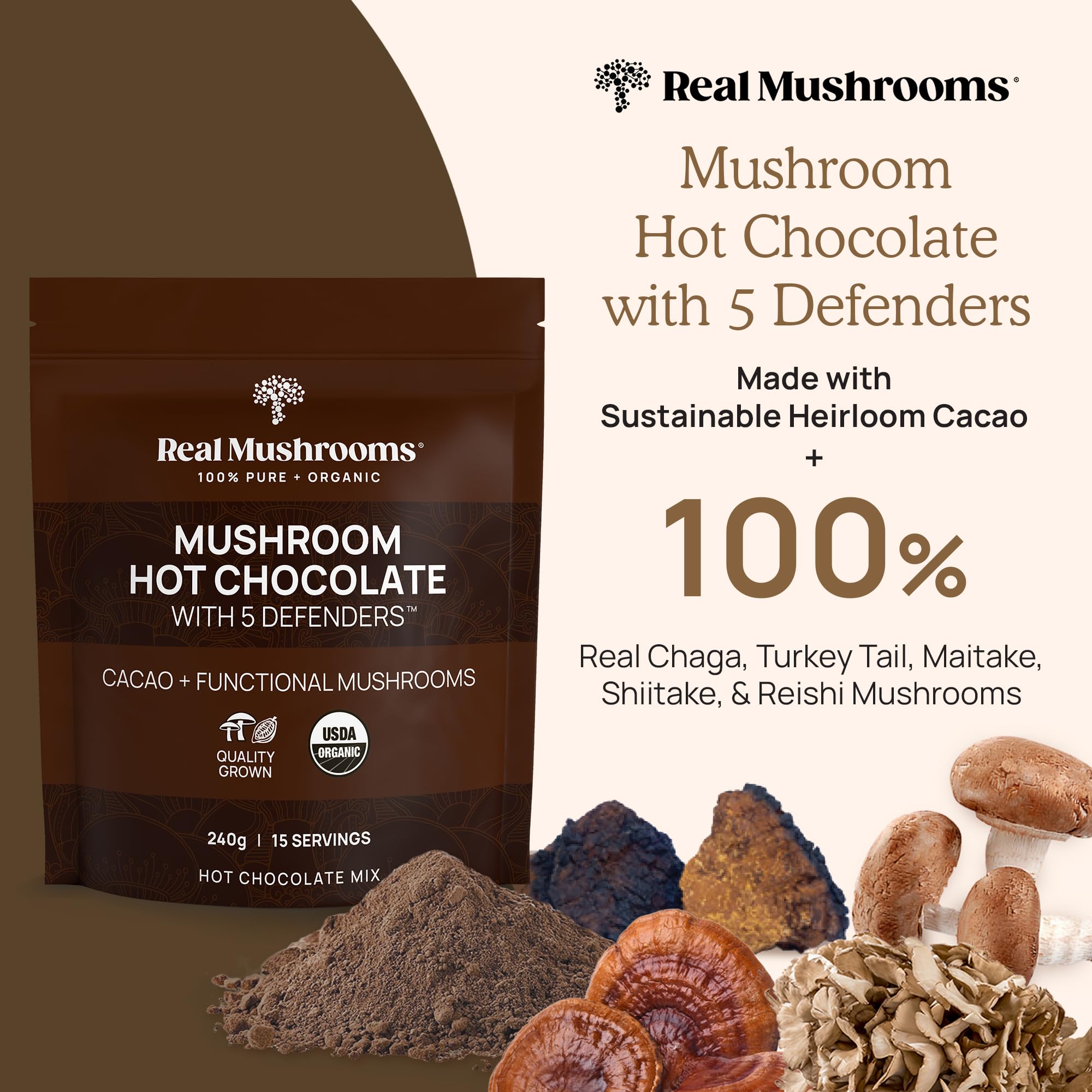 Real Mushrooms ingrédients cacao bio, sucre de coco et vanille.