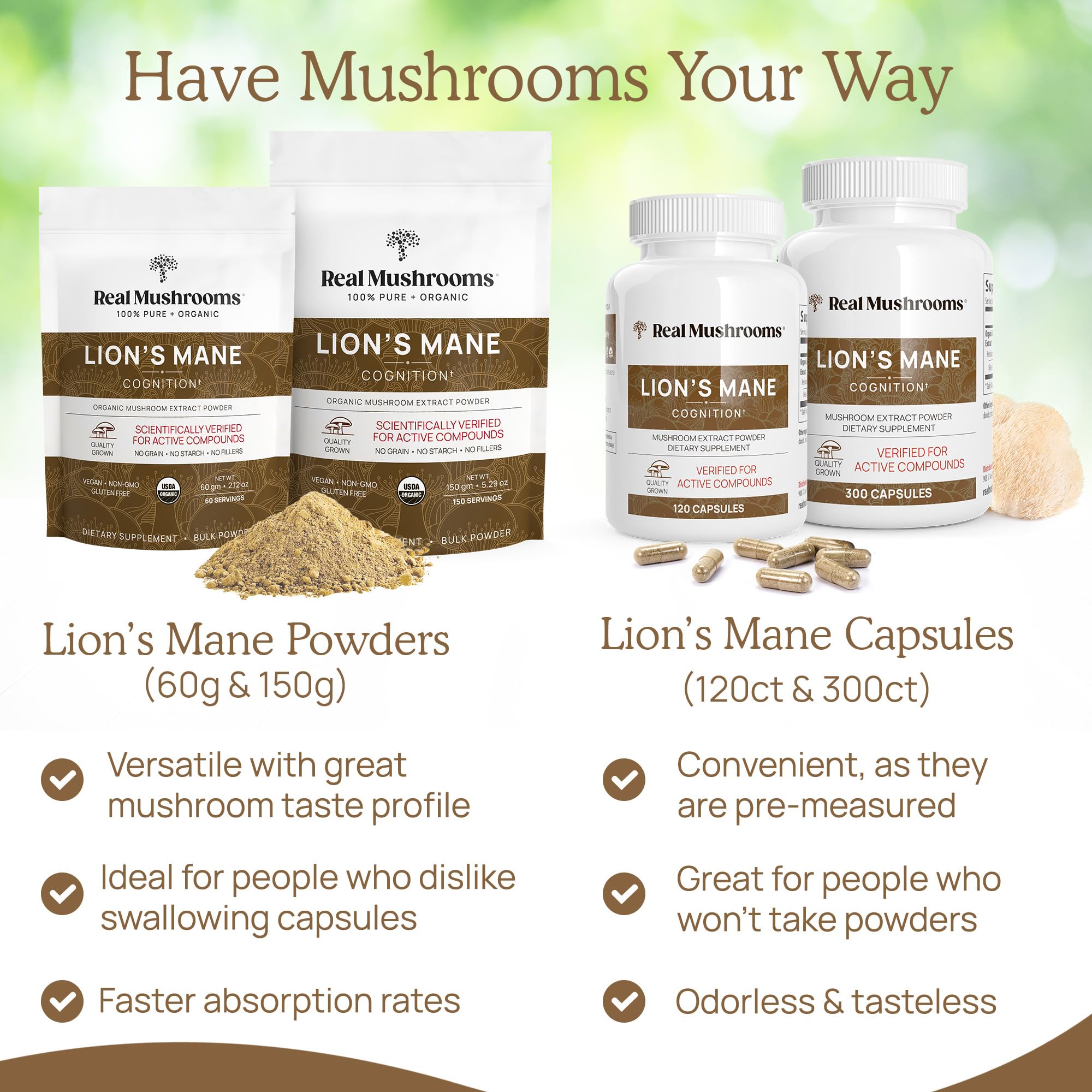 Ingrédients 100% pur Real Mushrooms Crête-de-Lion, sans additifs