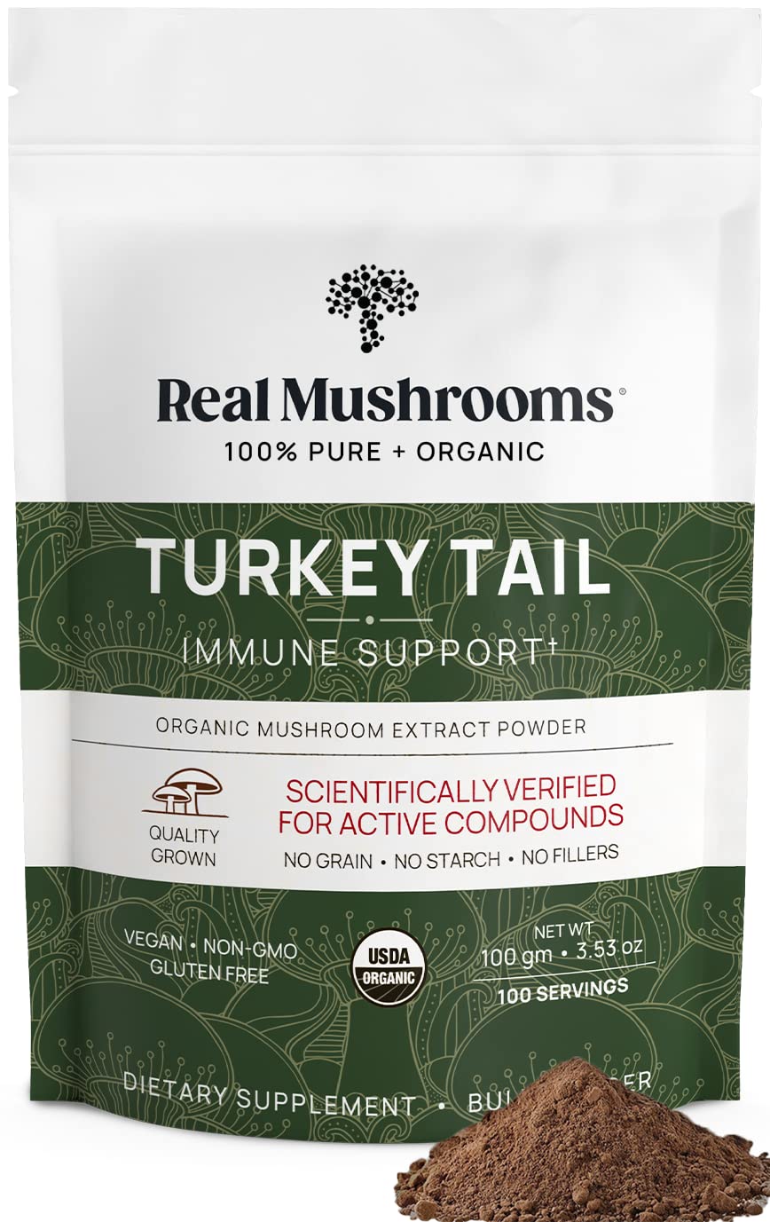 Real Mushrooms queue-de-dinde poudre emballage clair prêt pour routine bien-être.