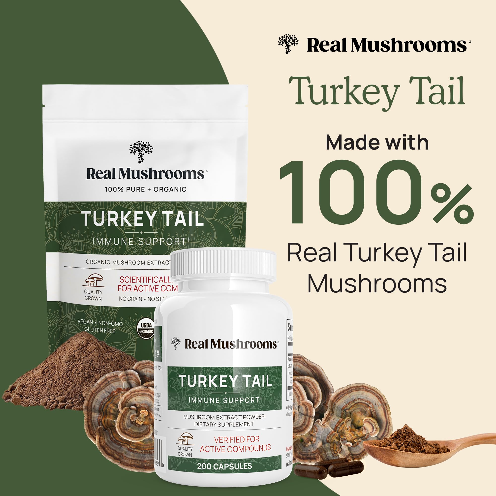 Real Mushrooms Queue-de-Pie gélules, composition bêta-glucanes élevée pour le soutien quotidien.