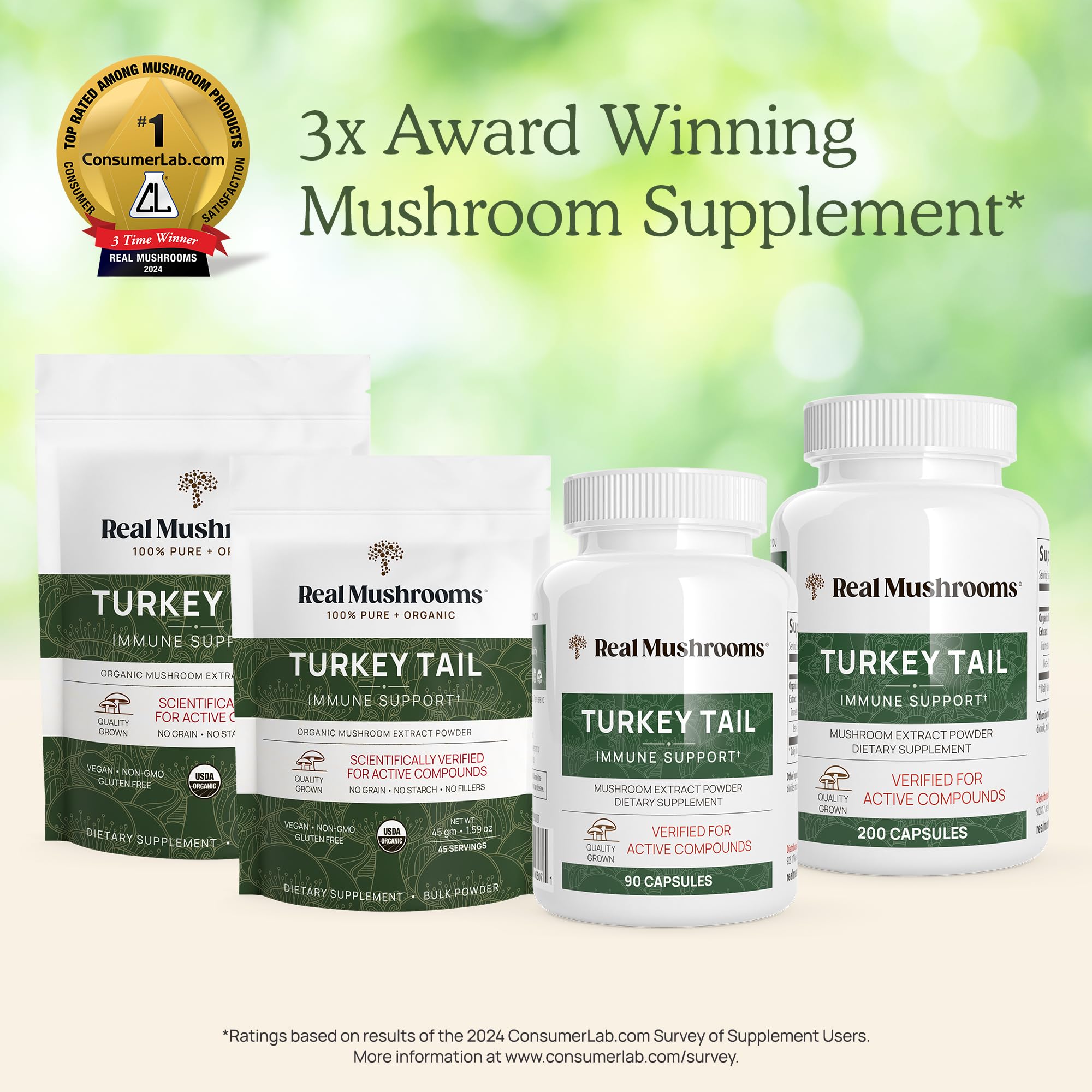 Real Mushrooms Queue-de-Pie formulation biologique, douceur naturelle et pureté.