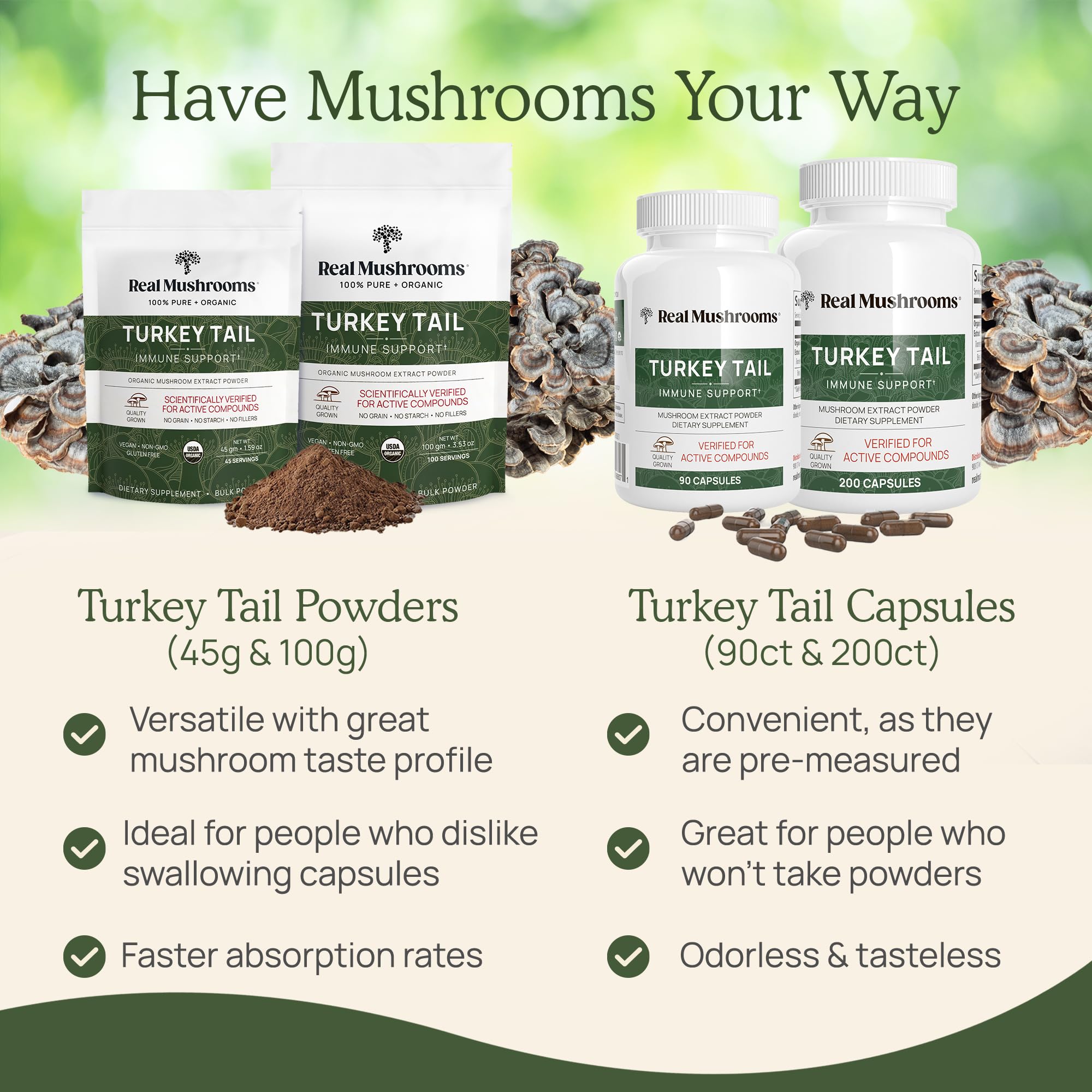 Real Mushrooms Queue-de-Pie gélules non-OGM, sans additifs ni charges.