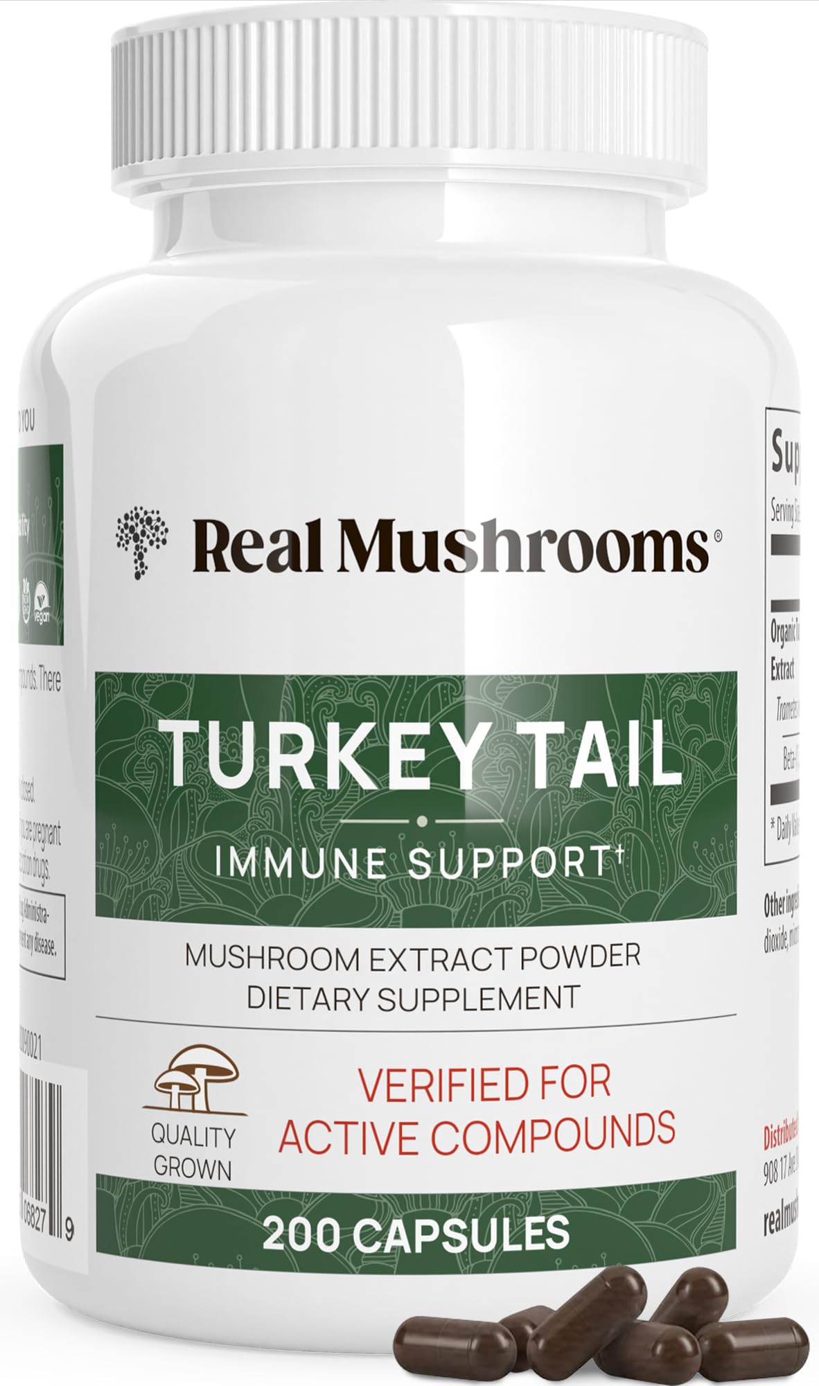 Real Mushrooms Queue-de-dinde, bouteille de capsules, soutien au bien-être quotidien.