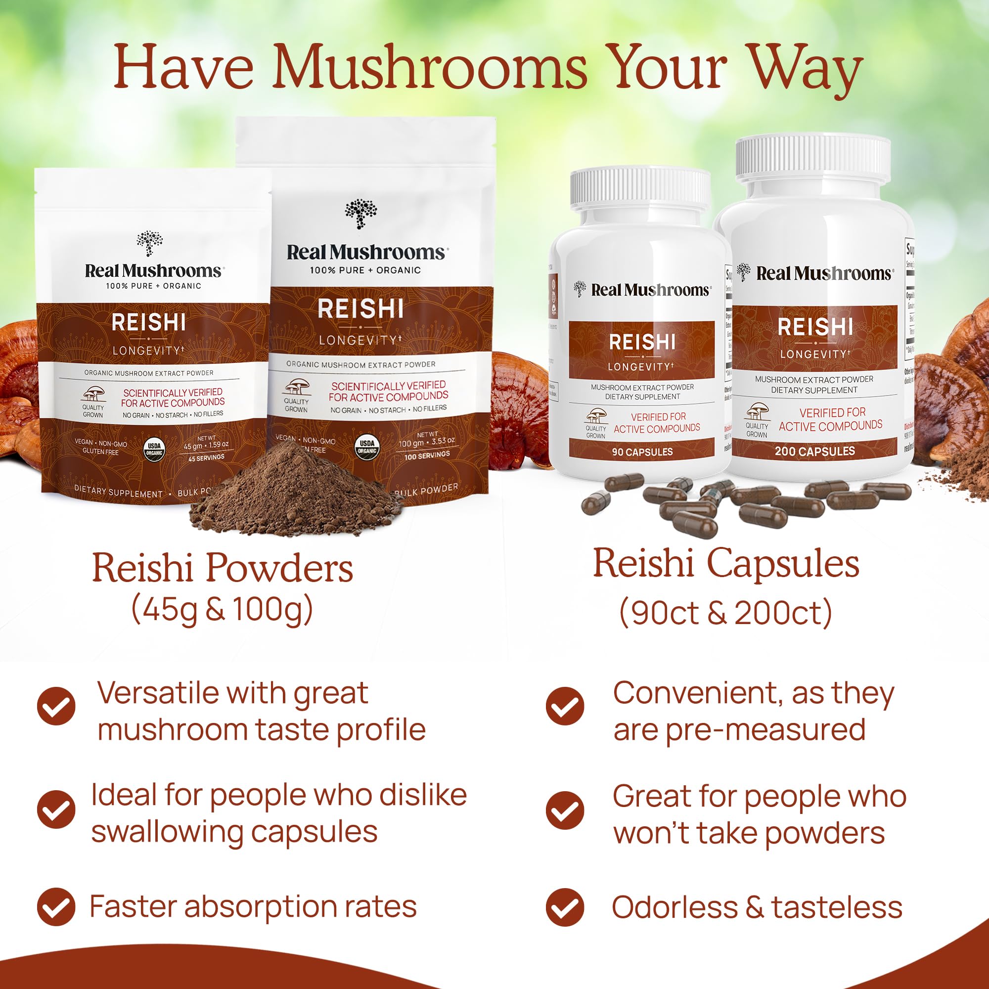 Real Mushrooms Reishi: biologique, végan et sans gluten.