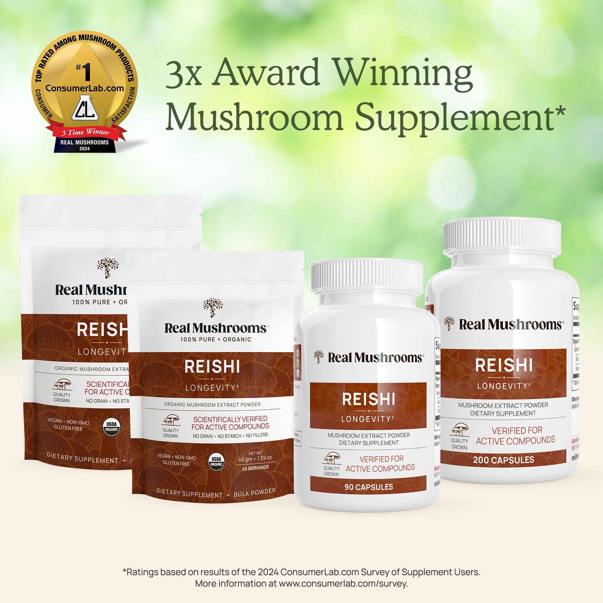Real Mushrooms Reishi poudre certifiée NSF et végan.