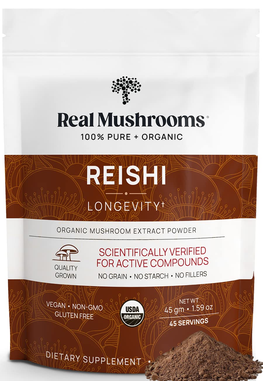 Real Mushrooms Reishi poudre, corps fructifiant bio, soutien calme potentiel.