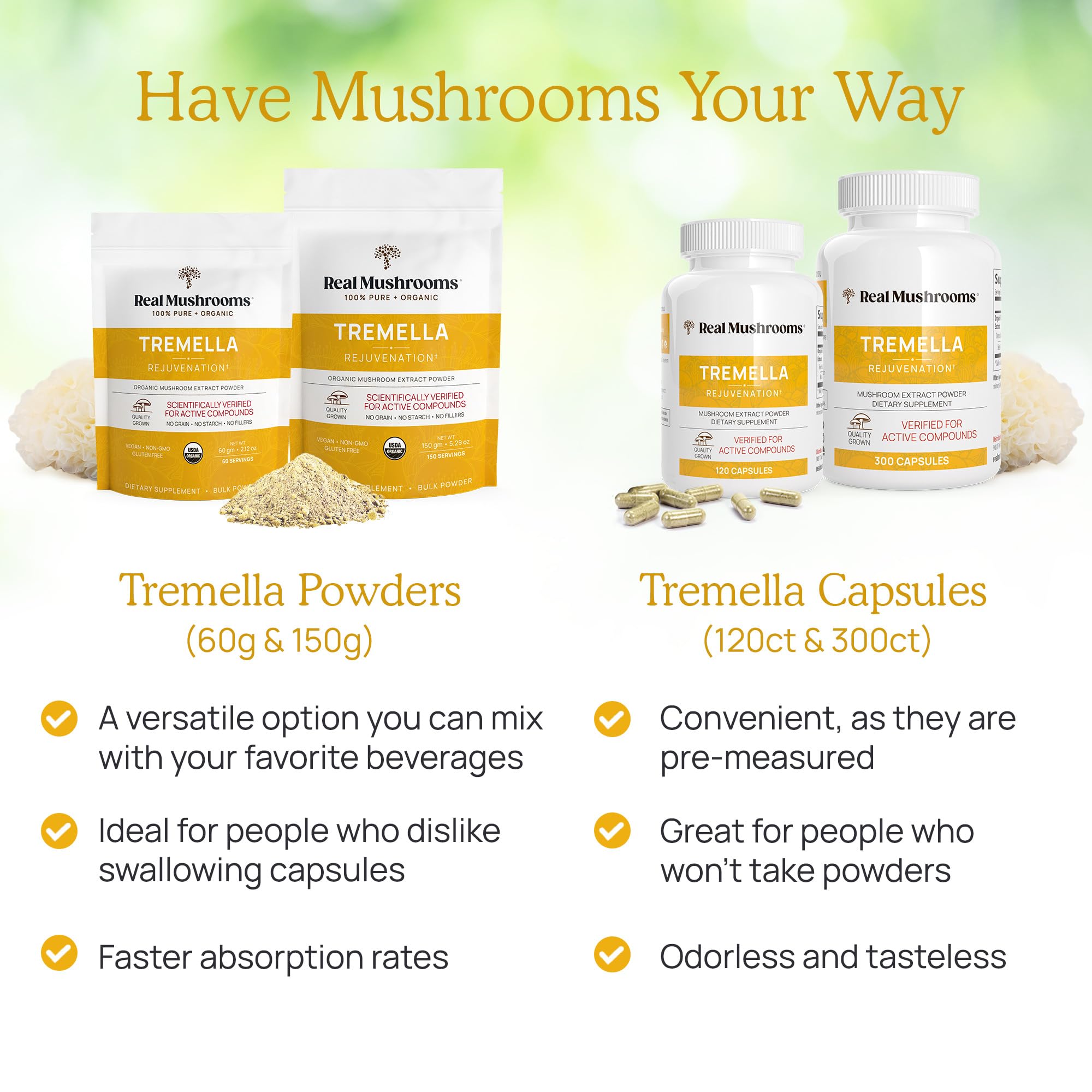 Real Mushrooms Tremella – produit biologique USDA et fabriqué aux États-Unis.