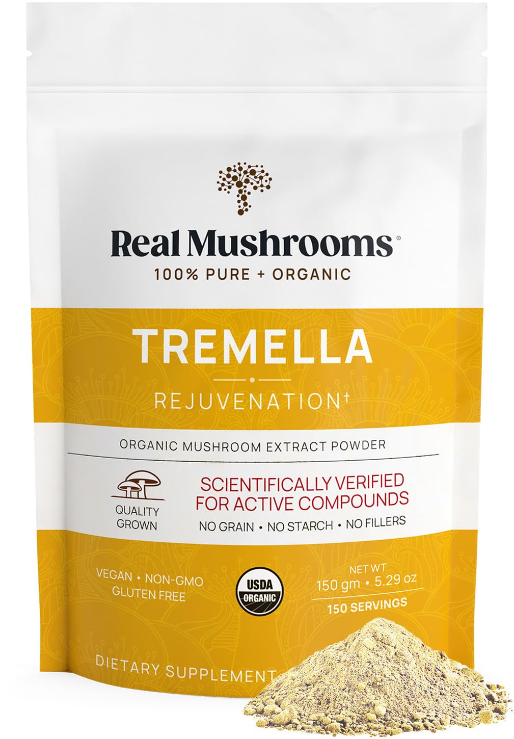 Real Mushrooms Tremella poudre issue du corps fructifiant, idéale pour la routine quotidienne.