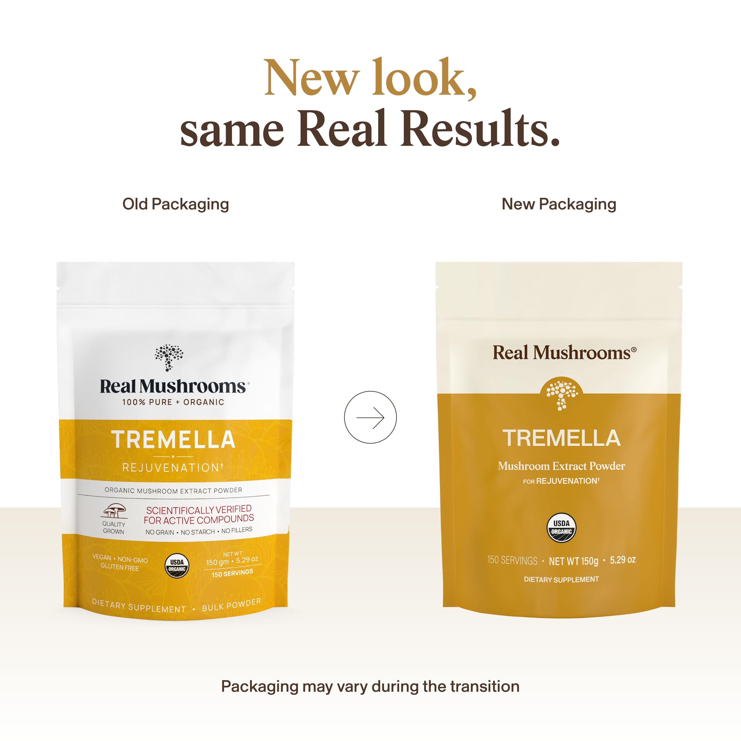 Real Mushrooms Tremella poudre sans additifs, présentation propre et sûre.