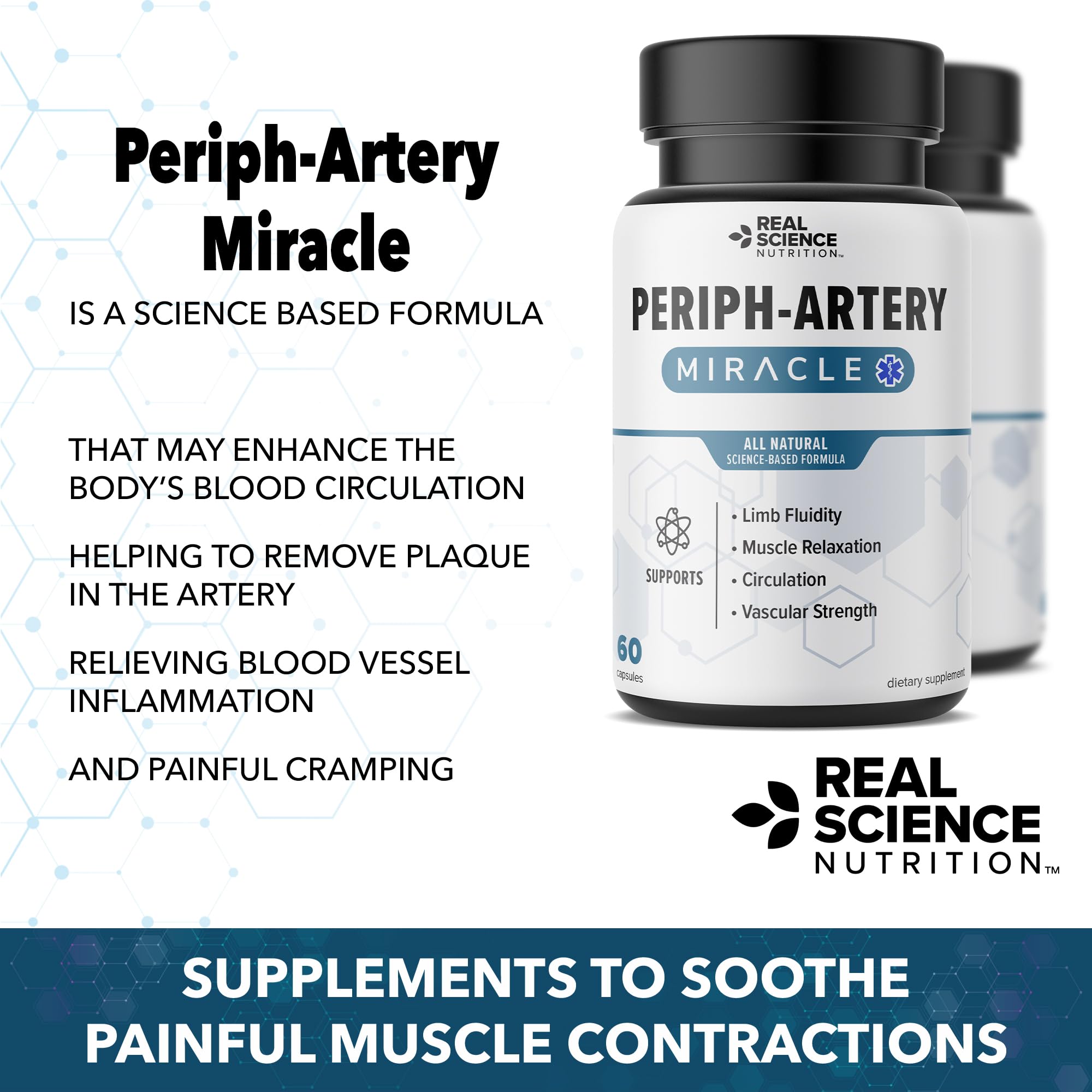 Real Science Nutrition PAD Miracle — comprimés visibles, utilisation quotidienne possible pour le confort musculaire potentiel.