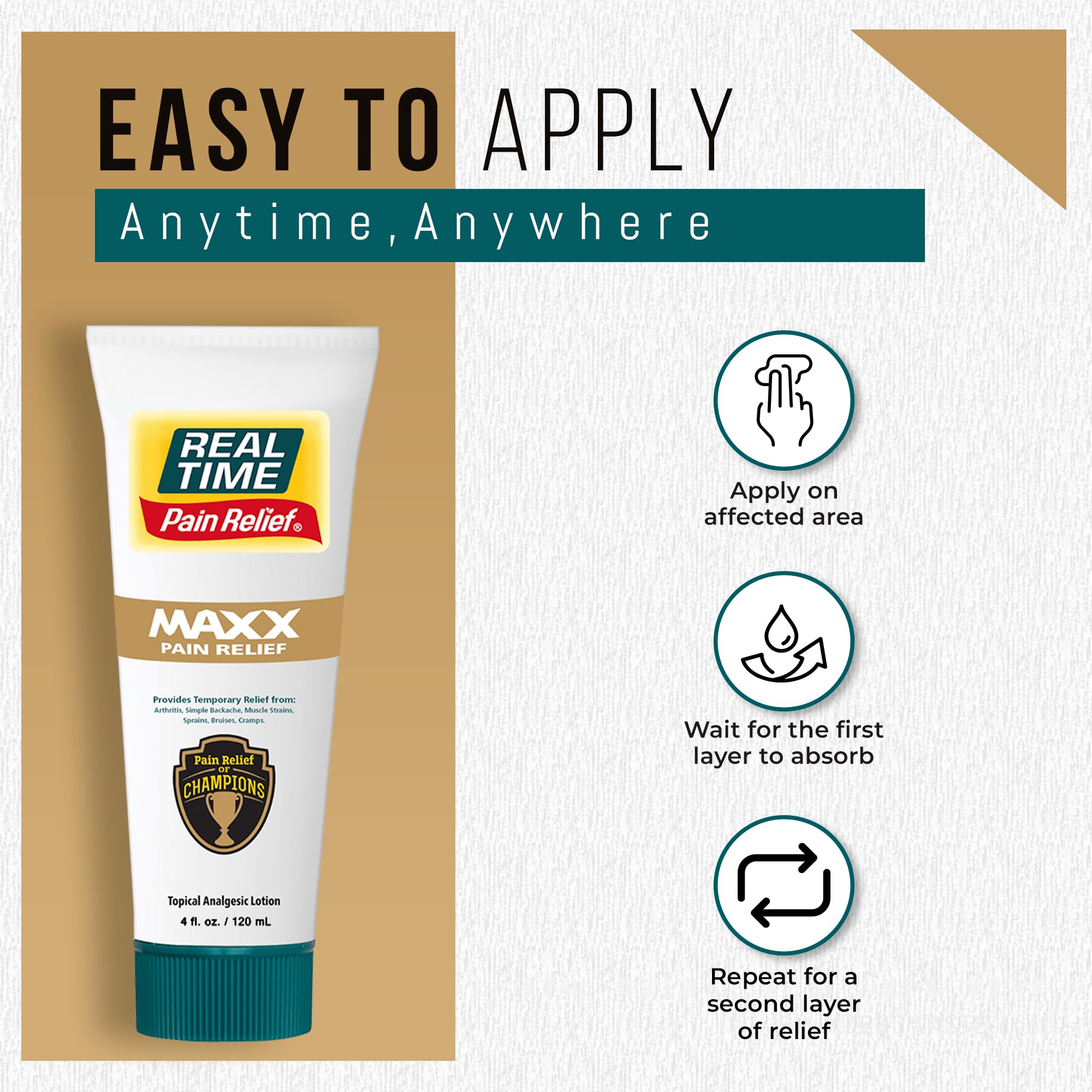 Real Time Pain Relief MAXX : absorption rapide sans fini gras pour une utilisation quotidienne.