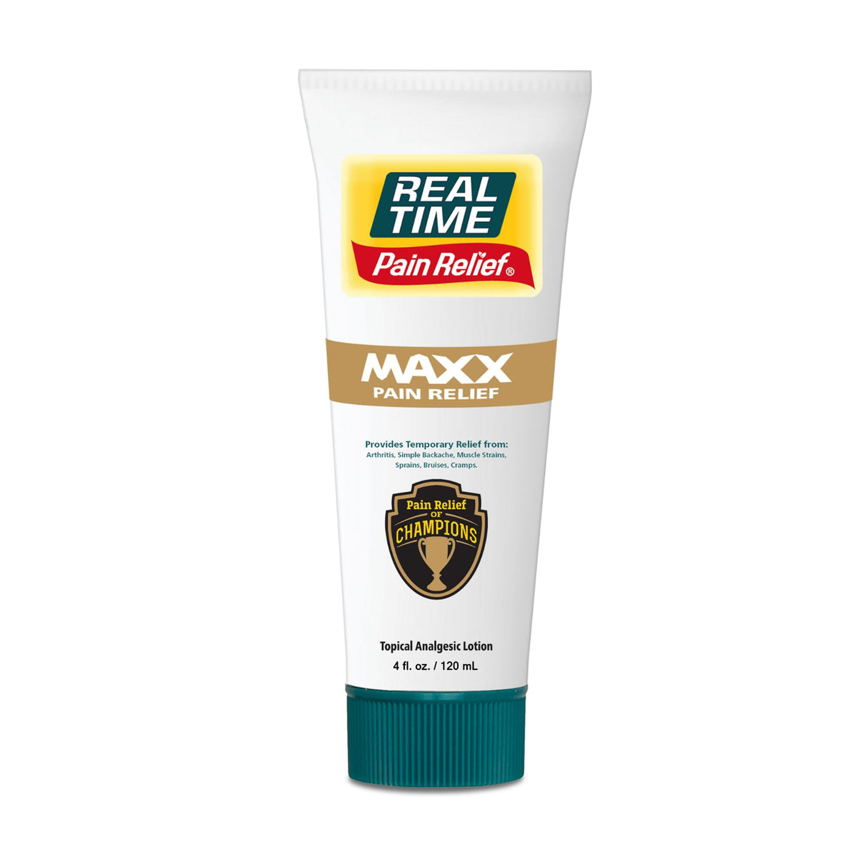 Real Time Pain Relief MAXX : flacon 4oz, soulagement ciblé pour douleurs musculaires et articulaires.
