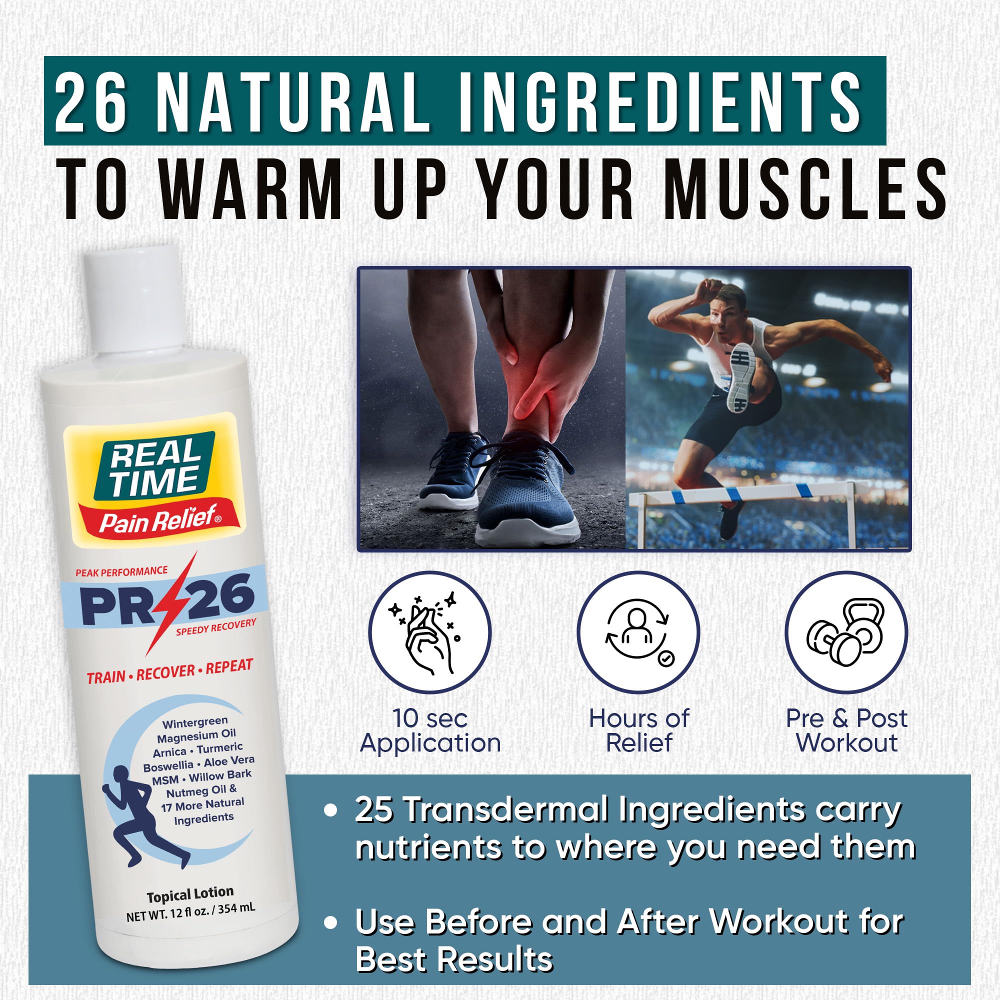 PR-26 Real Time Pain Relief appliquée sur épaules et poignets après effort.