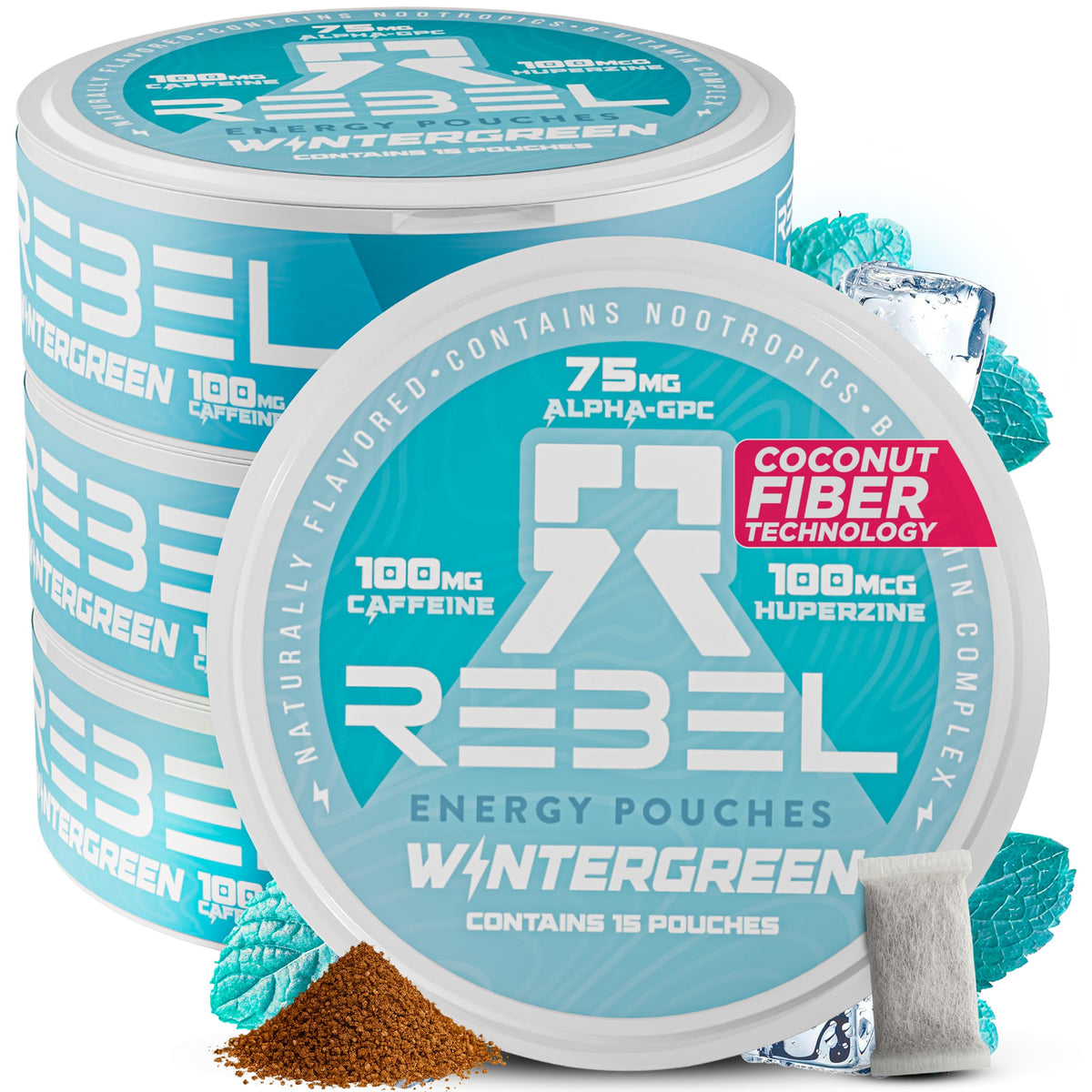 Pochettes Rebel Supplements caféine Wintergreen 100 mg pour énergie durable et sans tremblements