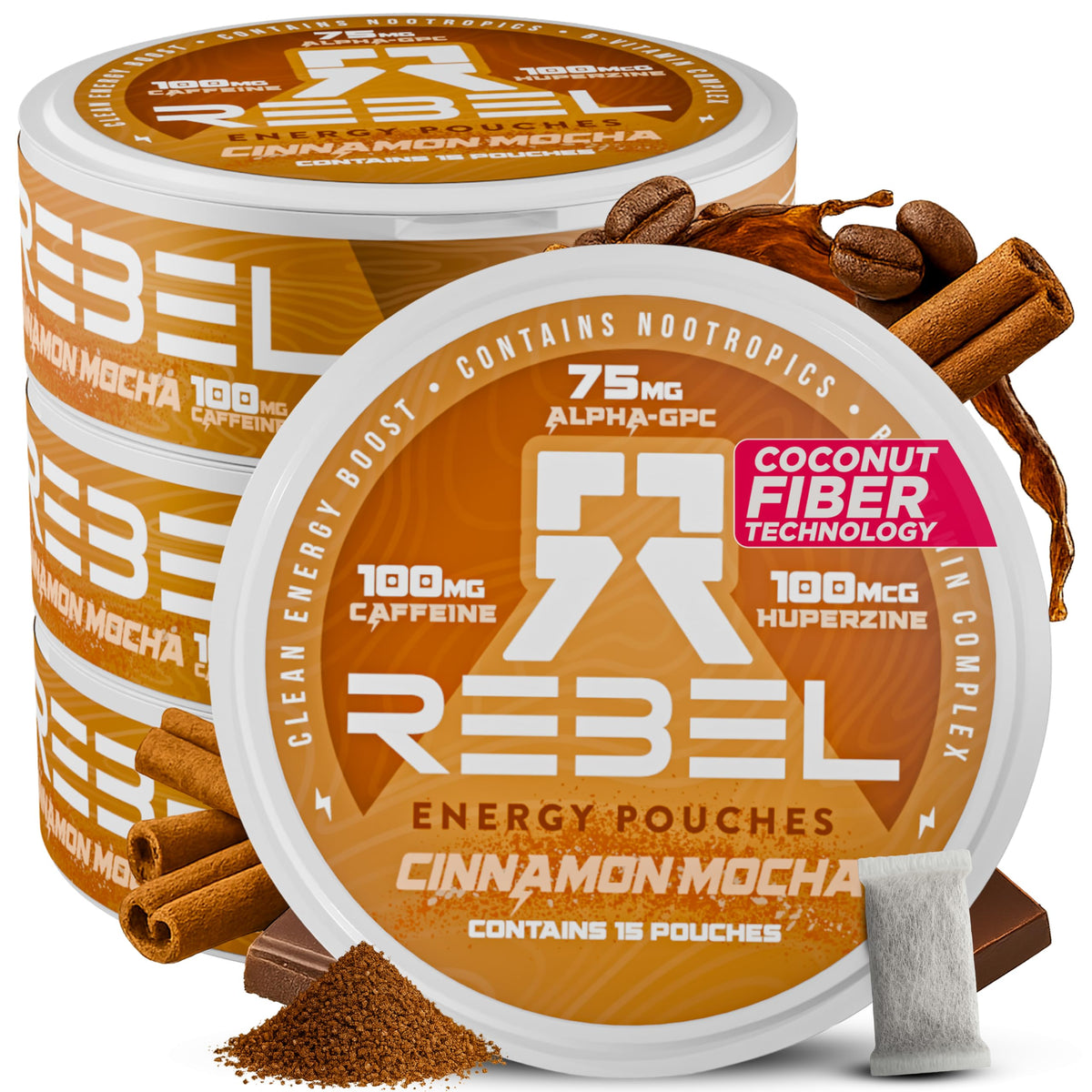 Sachet Rebel Supplements caféine cannelle mocha, énergie durable sans sucre.