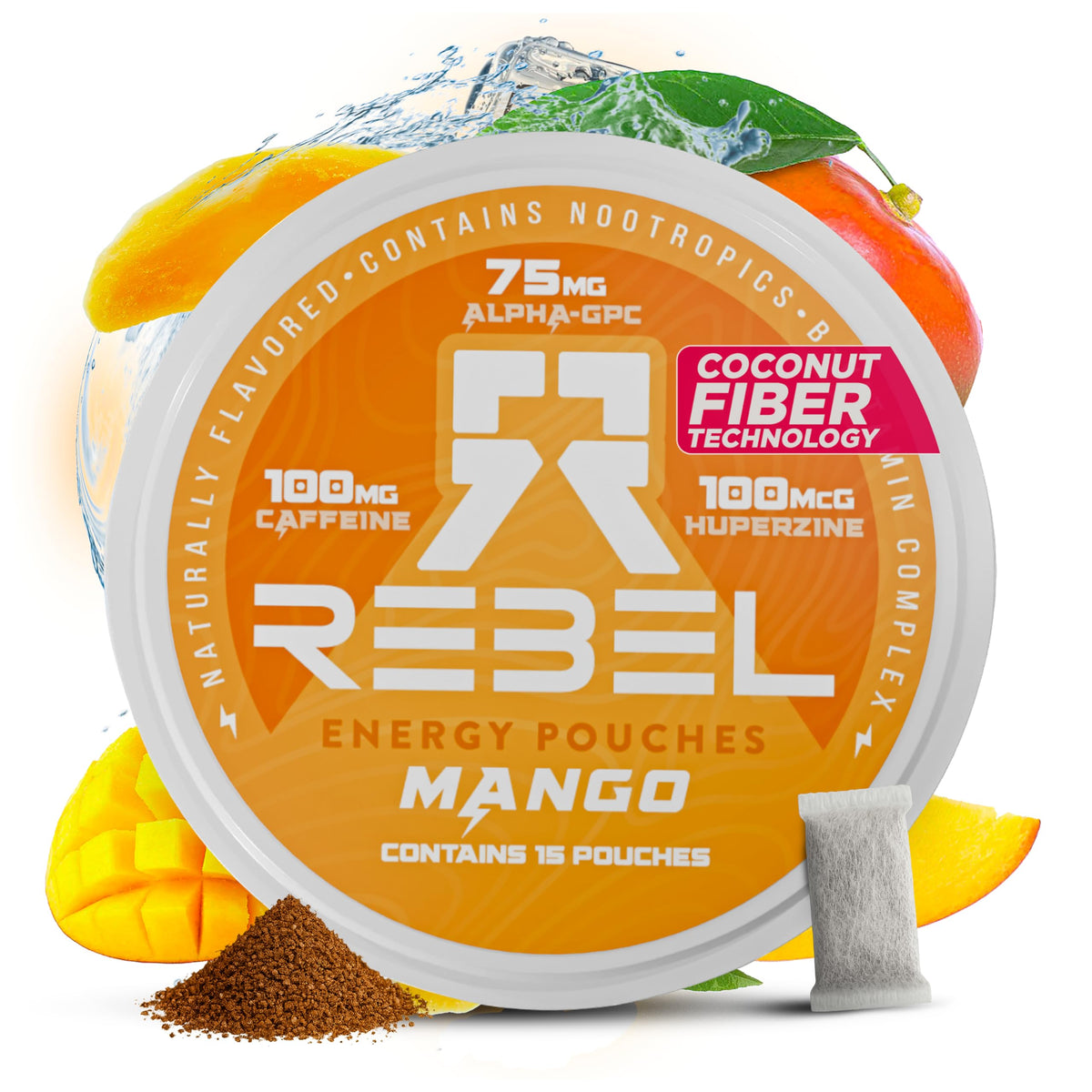 Sachet Rebel Supplements nootropique énergie mangue, libération progressive et concentration soutenue.