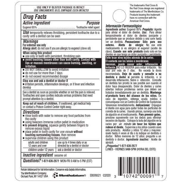 Contenu du kit Red Cross pour premiers soins dentaires.