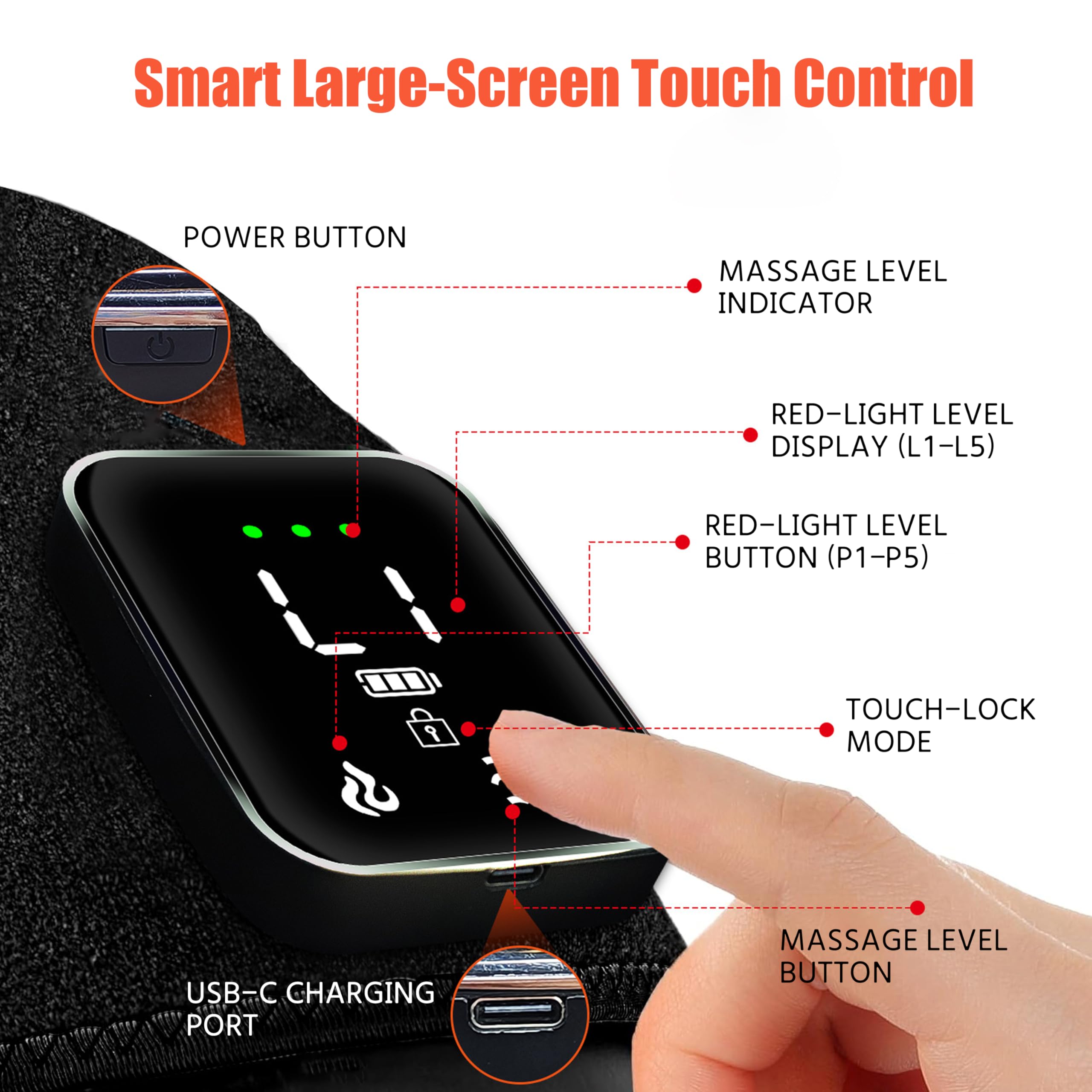 Massageur genou lumière rouge et vibrations, écran tactile sécurisé évitant les modifications accidentelles.