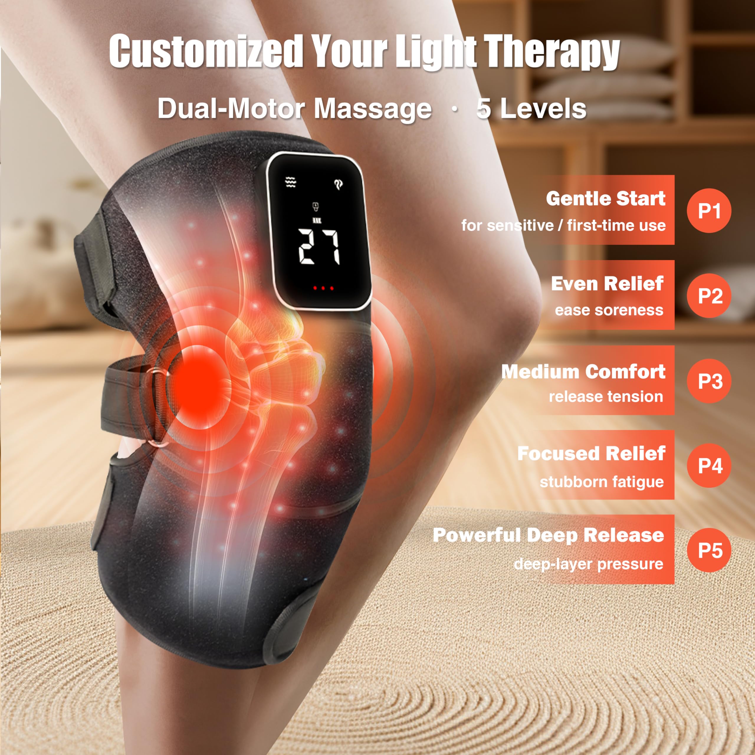 Massageur genou lumière rouge et vibrations, recharge rapide Type-C pour plus de liberté.