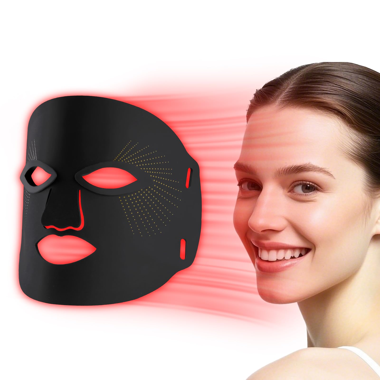 Masque Red Mitochondria avec lumière rouge sur le visage, raffermit et revitalise la peau.