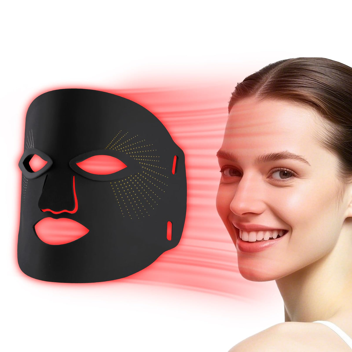 Masque Red Mitochondria avec lumière rouge sur le visage, raffermit et revitalise la peau.
