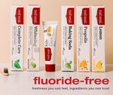 Étiquette NATRUE sur le dentifrice citron sans fluorure, garantie naturelle.