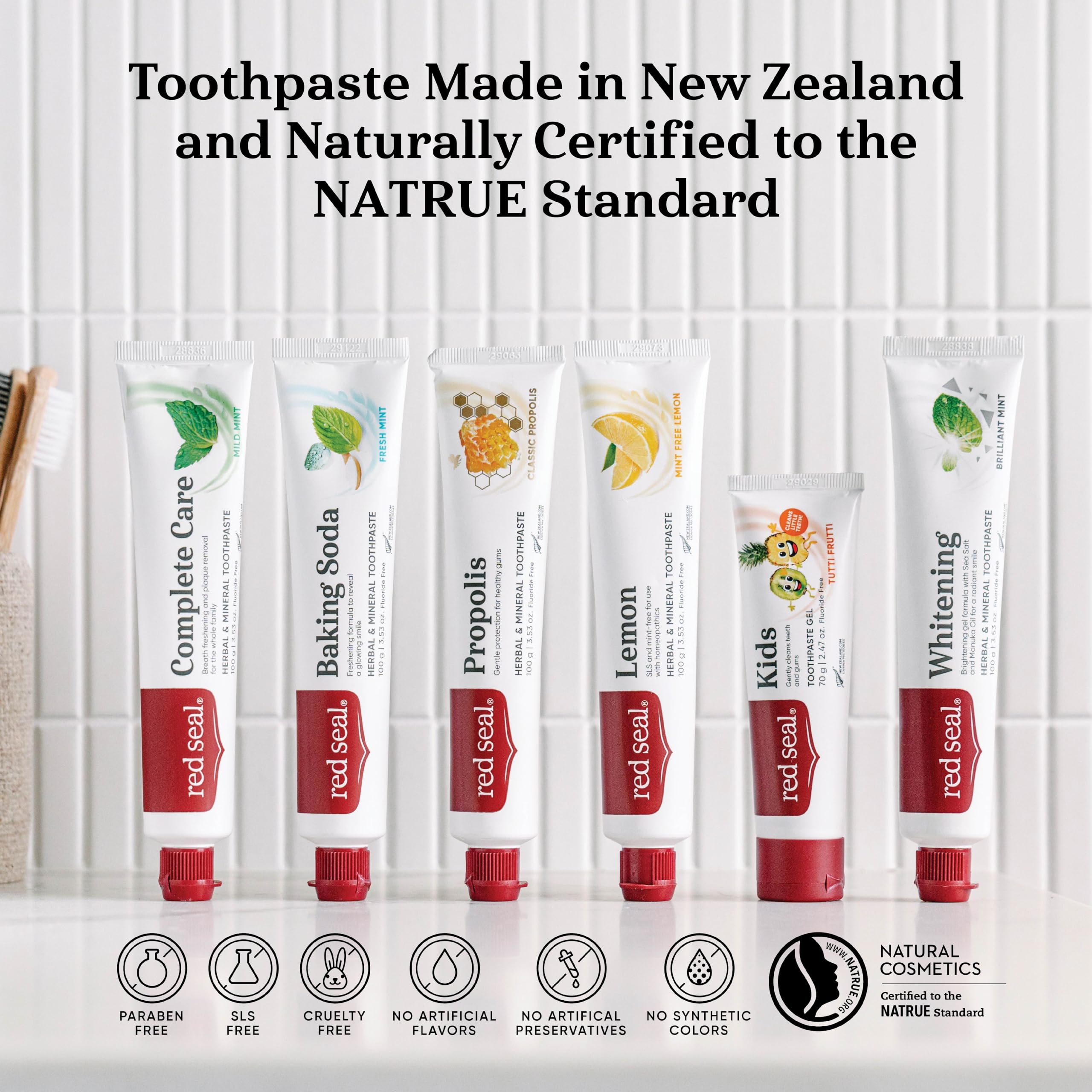 Red Seal dentifrice expérience fraîcheur menthe, emballage lumineux et invitation au brossage.