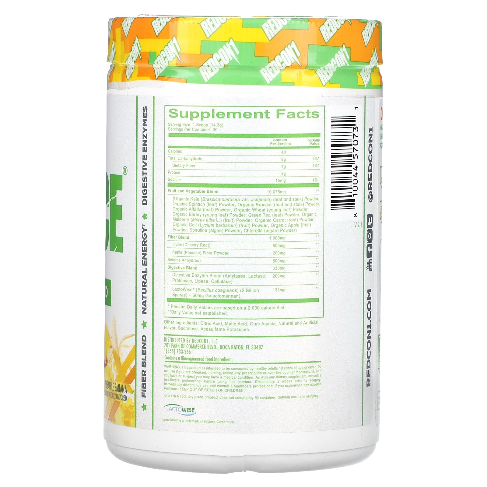 Redcon1 GI JUICE enzymes: étiquette claire affichant les probiotiques et prébiotiques.