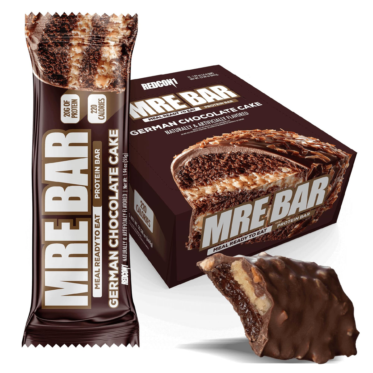 Barre REDCON1 MRE - gâteau chocolat allemand, snack protéiné pour l'énergie durable.
