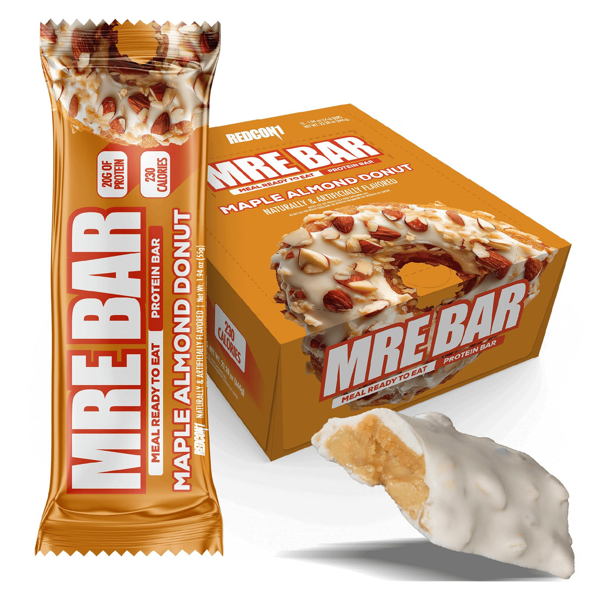 REDCON1 MRE Bar Maple Almond Donut dans son emballage pratique pour repas rapides.