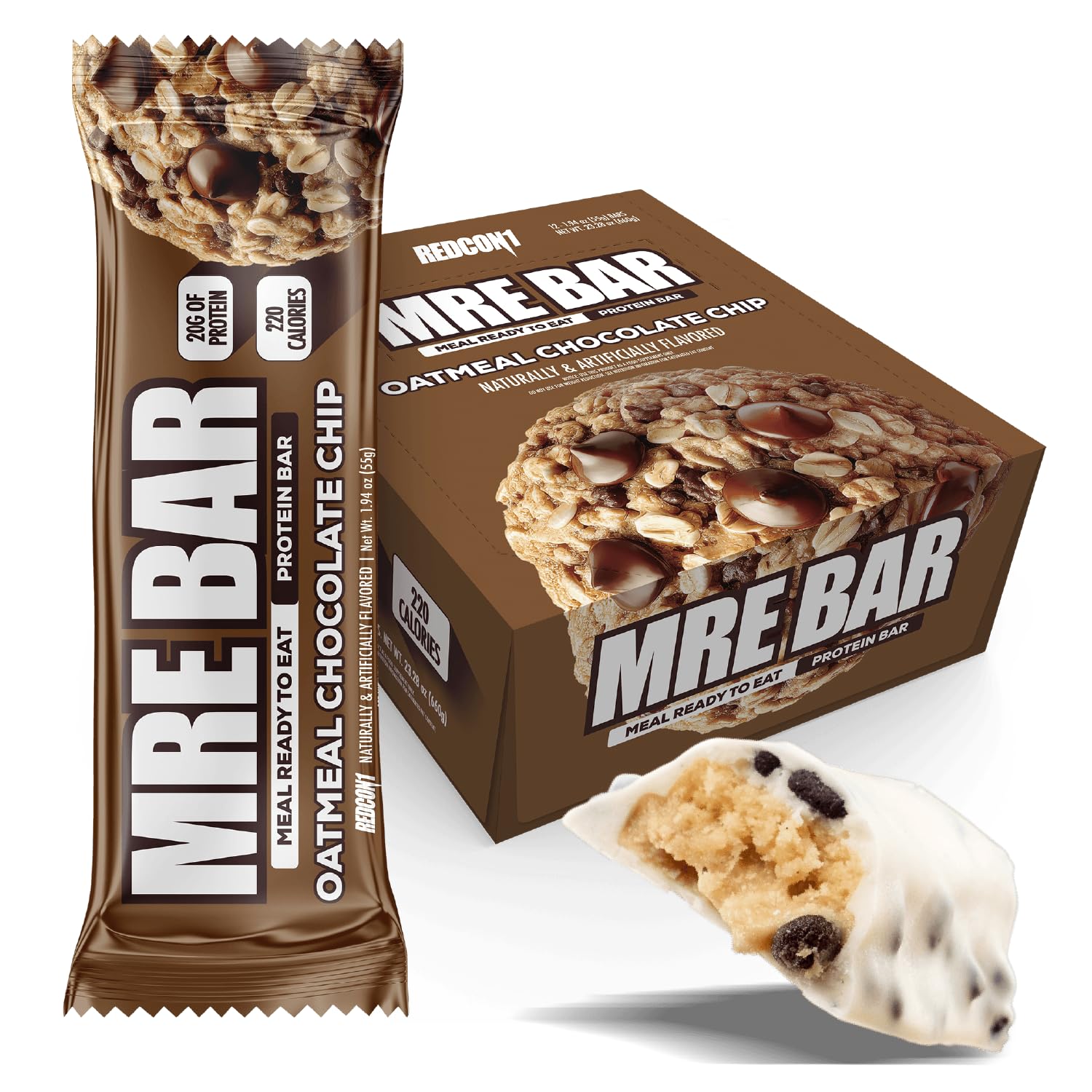 REDCON1 MRE Barre protéine avoine chocolat, texture gourmande pour un snack rapide.