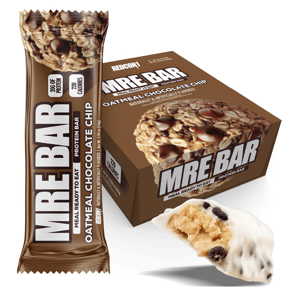 REDCON1 MRE Barre protéine avoine chocolat, texture gourmande pour un snack rapide.