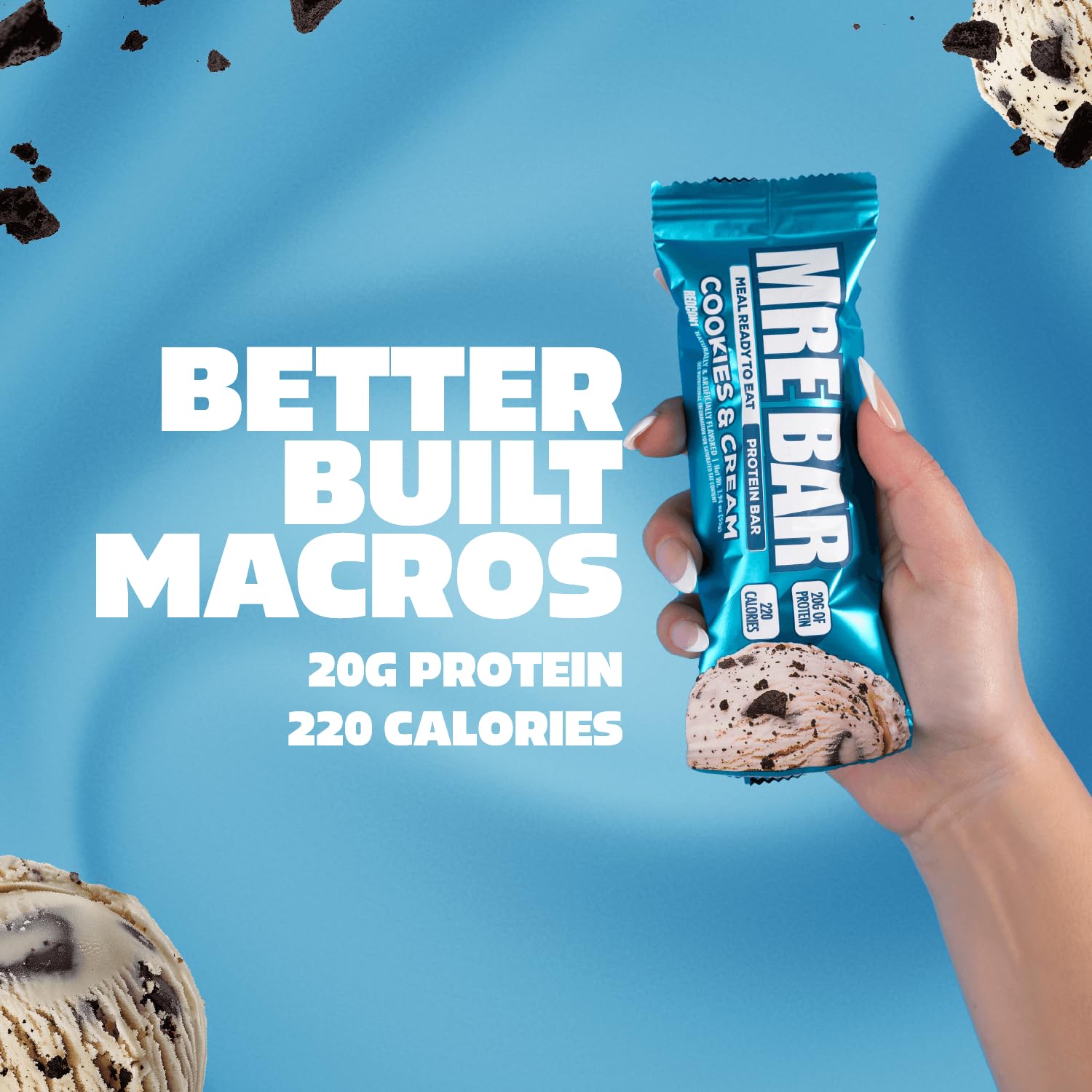 REDCON1 MRE Bar Cookies & Cream, barre-protéine idéale après séance pour récupération légère.