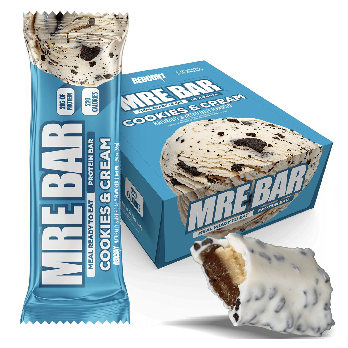 REDCON1 MRE Bar Cookies & Cream, boîte 12, collation pratique pour le petit-déjeuner.