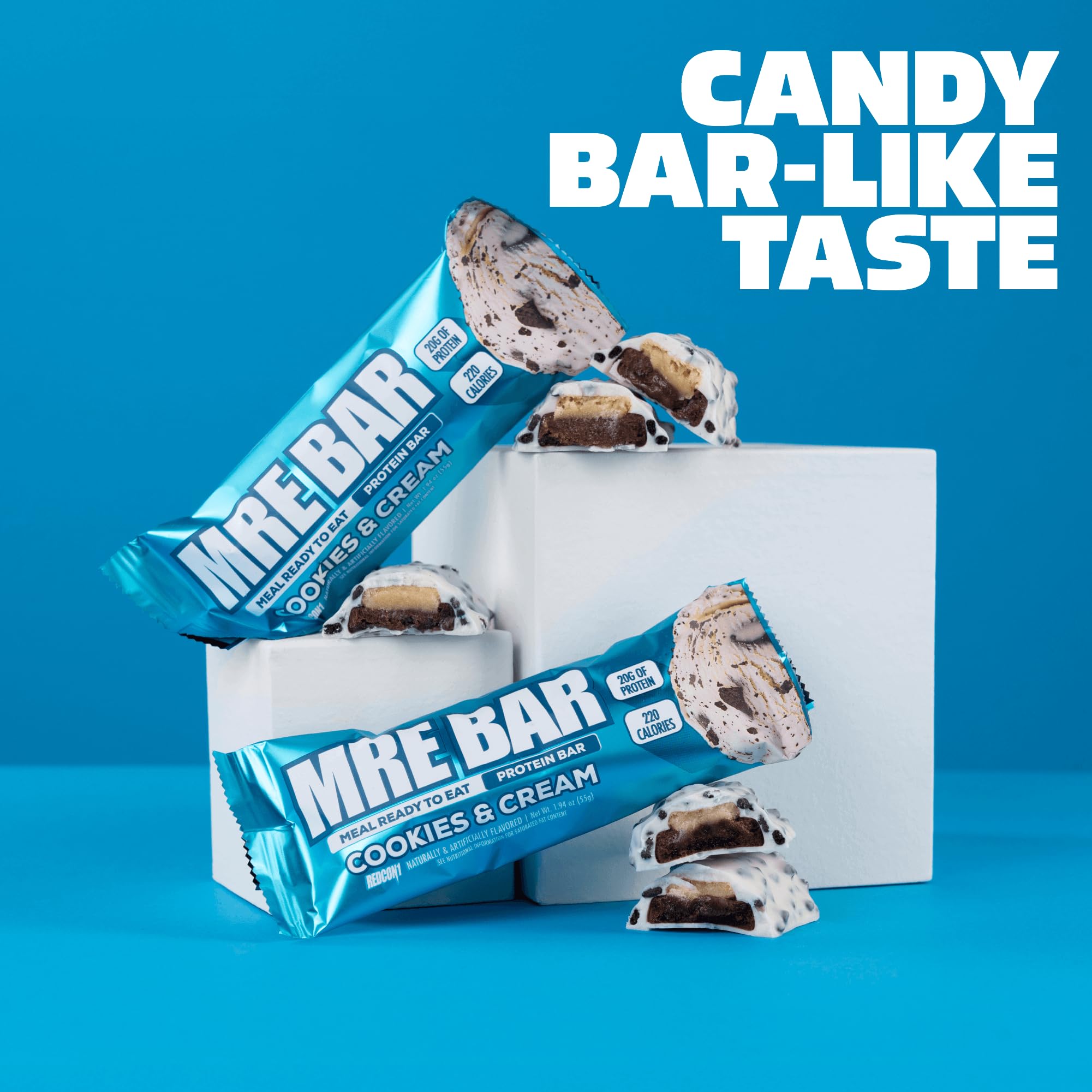 REDCON1 MRE Bar Cookies & Cream, snack de déplacement protéiné et pratique.