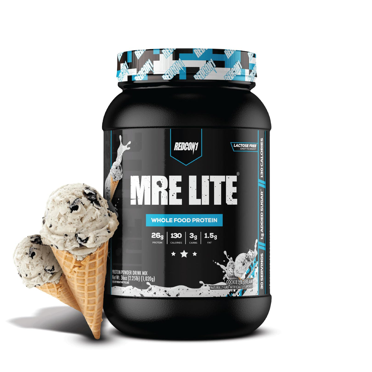 REDCON1 MRE LITE en boîte, emballage cookies crème, repas rapide et pratique.