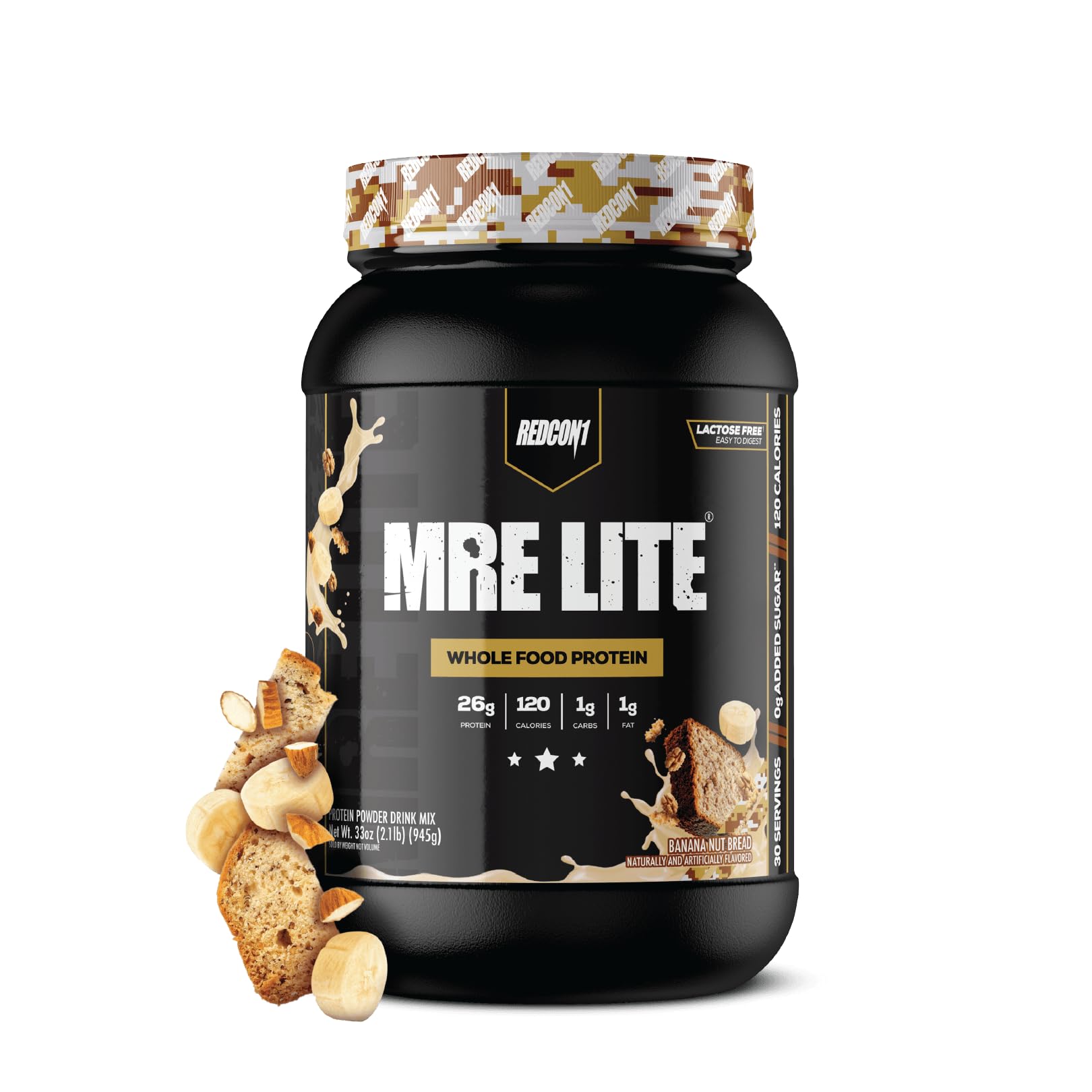 REDCON1 MRE LITE emballage montrant protéine complète et saveur banane-noix.