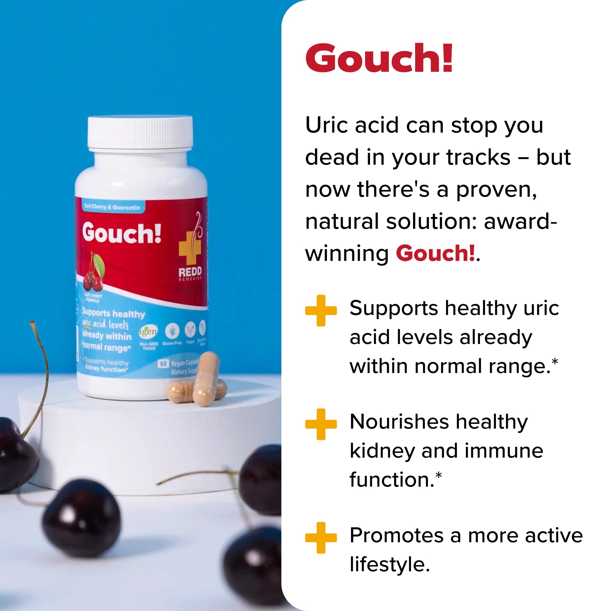Redd Remedies Gouch! Étiquette claire — informations utiles sur la composition et l'usage.