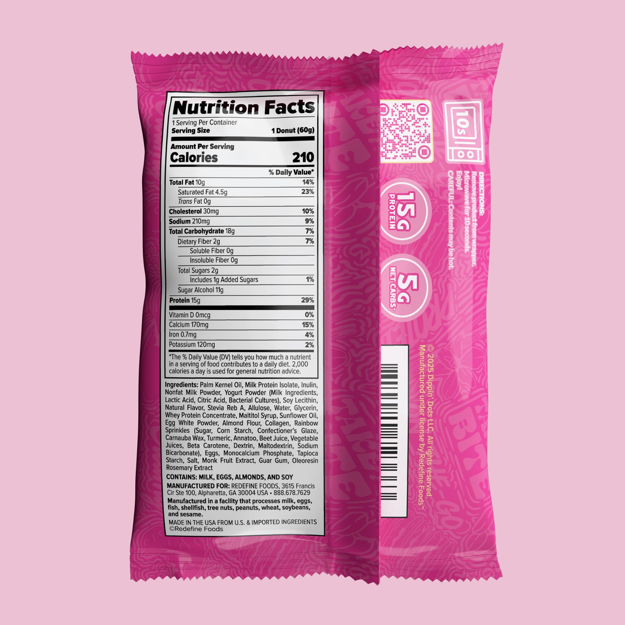 REDEFINE Dippin' Dots Donut protéiné – emballage pratique: snack prêt à emporter.